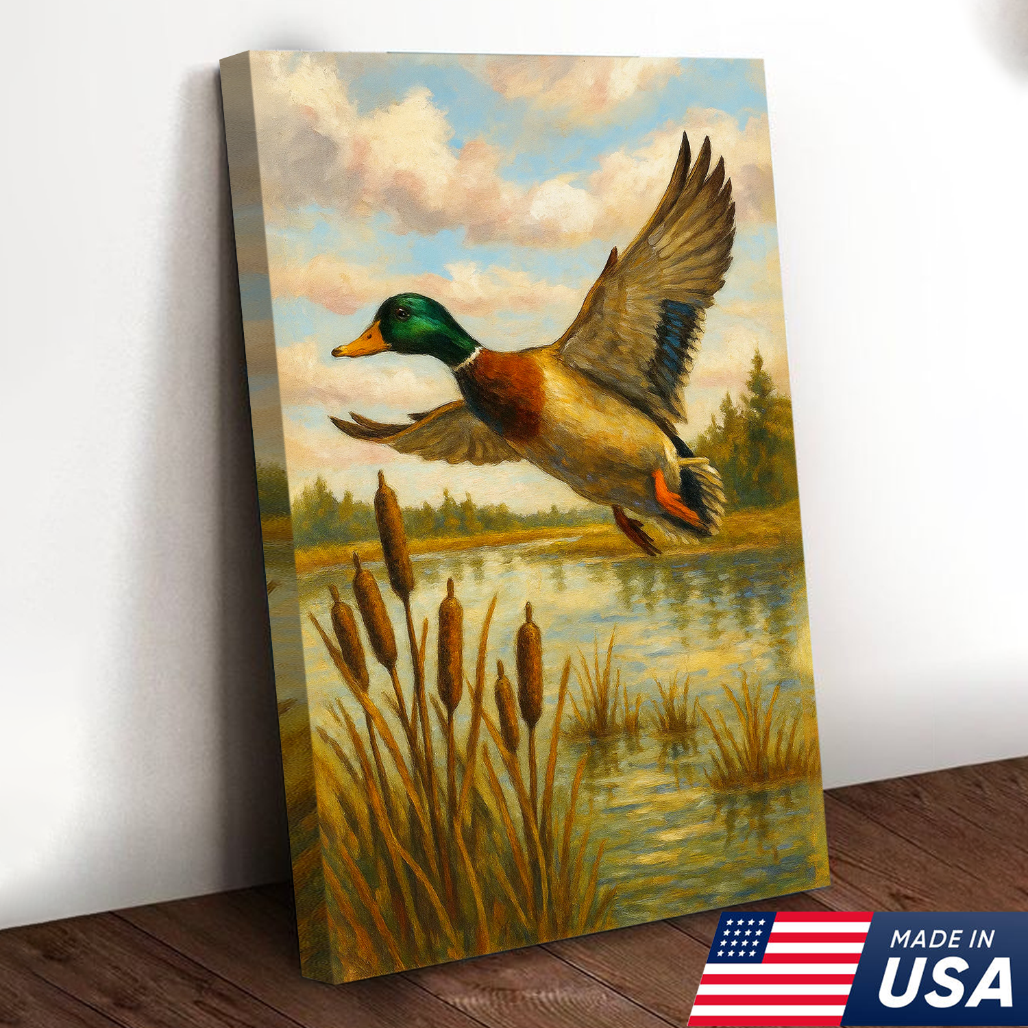 Flying Mallard Duck Canvas Wall Art, Rustic Hunting Cabin Decor, Perfect Gift for Hunters & Outdoor Lovers USA