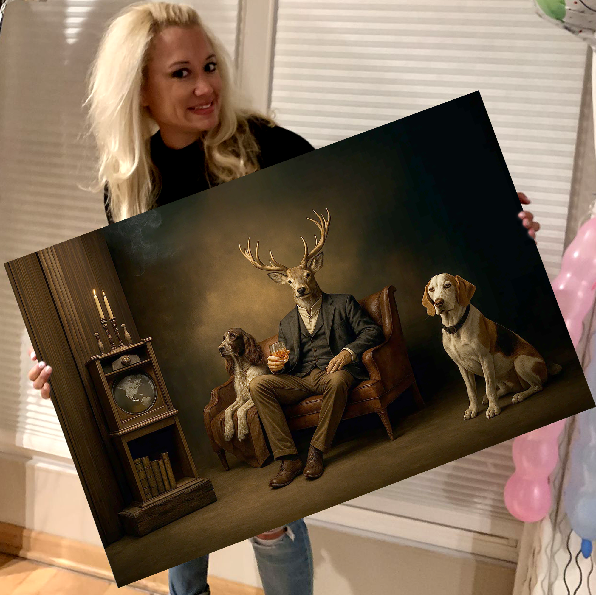 Gentleman Deer Canvas Wall Art – Rustic Whiskey & Hunting Lodge Decor, Man Cave Dog Lover Gift