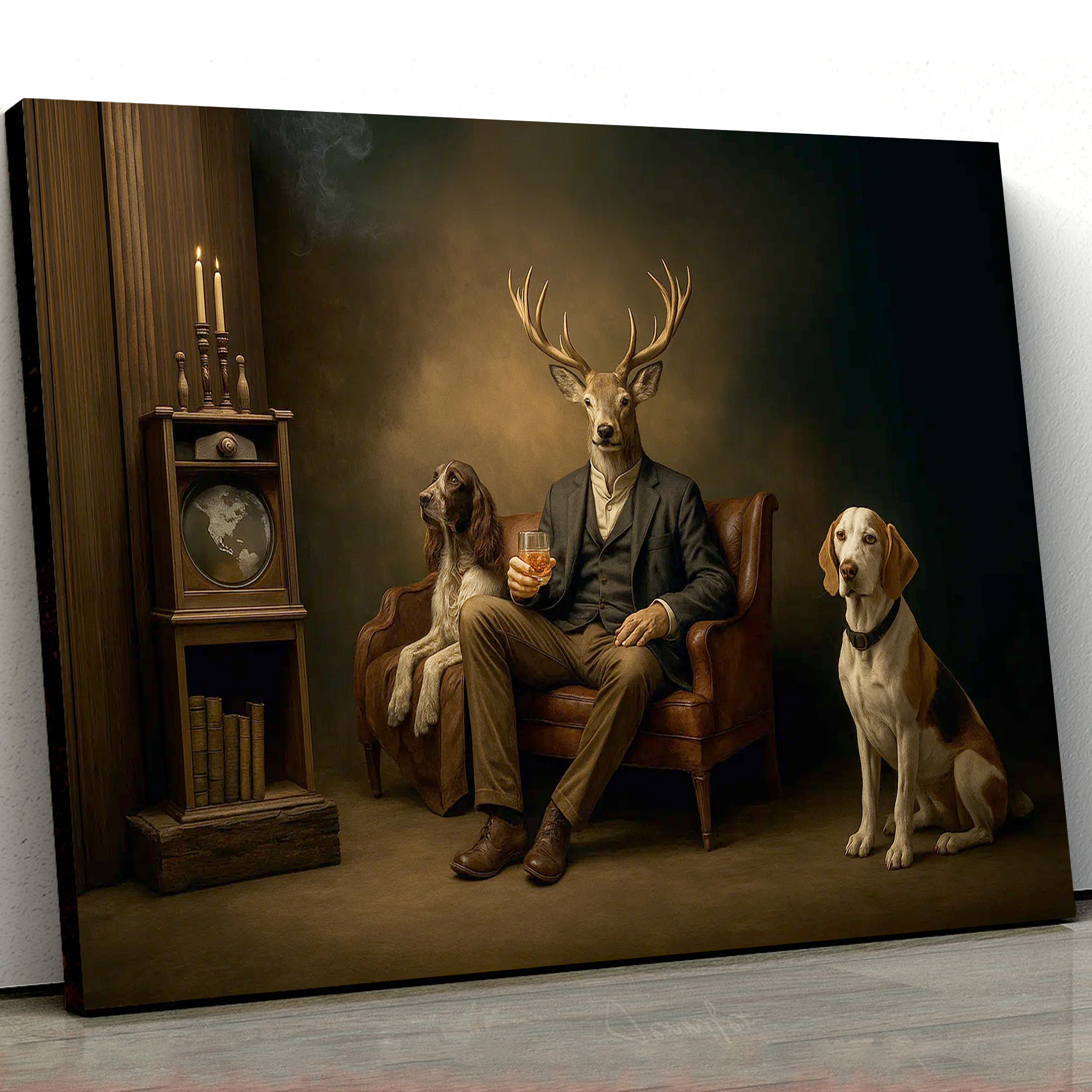 Gentleman Deer Canvas Wall Art – Rustic Whiskey & Hunting Lodge Decor, Man Cave Dog Lover Gift