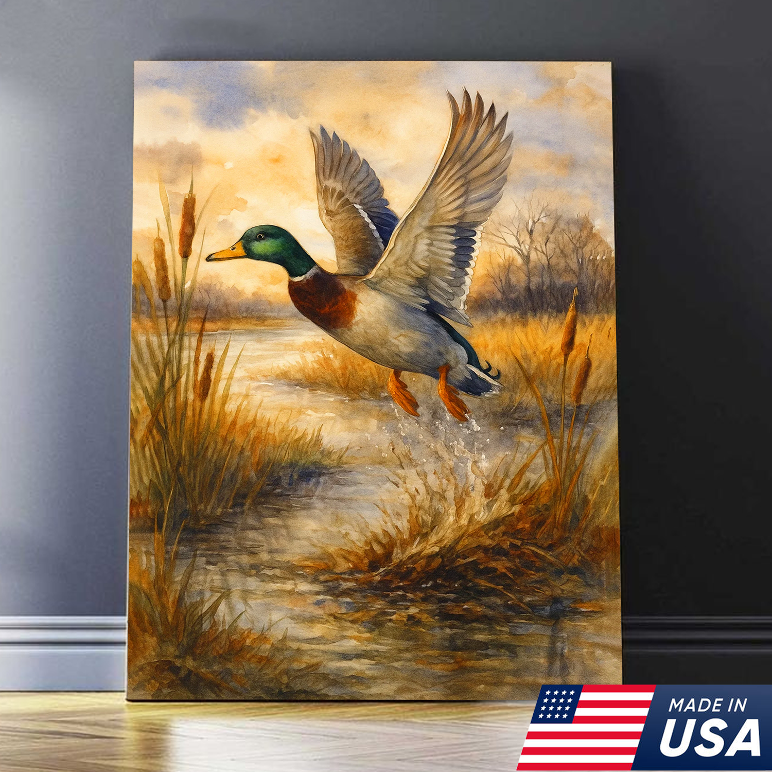 Flying Mallard Duck Canvas Wall Art, Rustic Hunting Wildlife Decor, Perfect Gift for Hunters & Outdoor Lovers