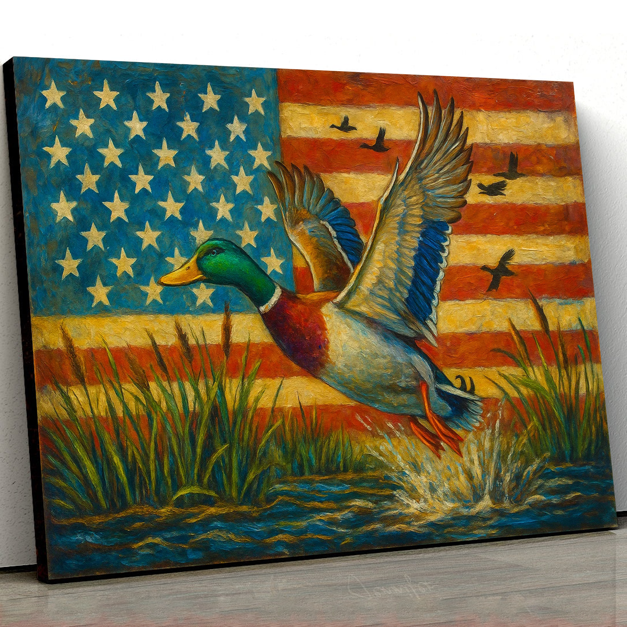 Duck Hunting Canvas – Mallard Flying with American Flag Rustic Wall Art for Hunters, Man Cave & Cabin Décor