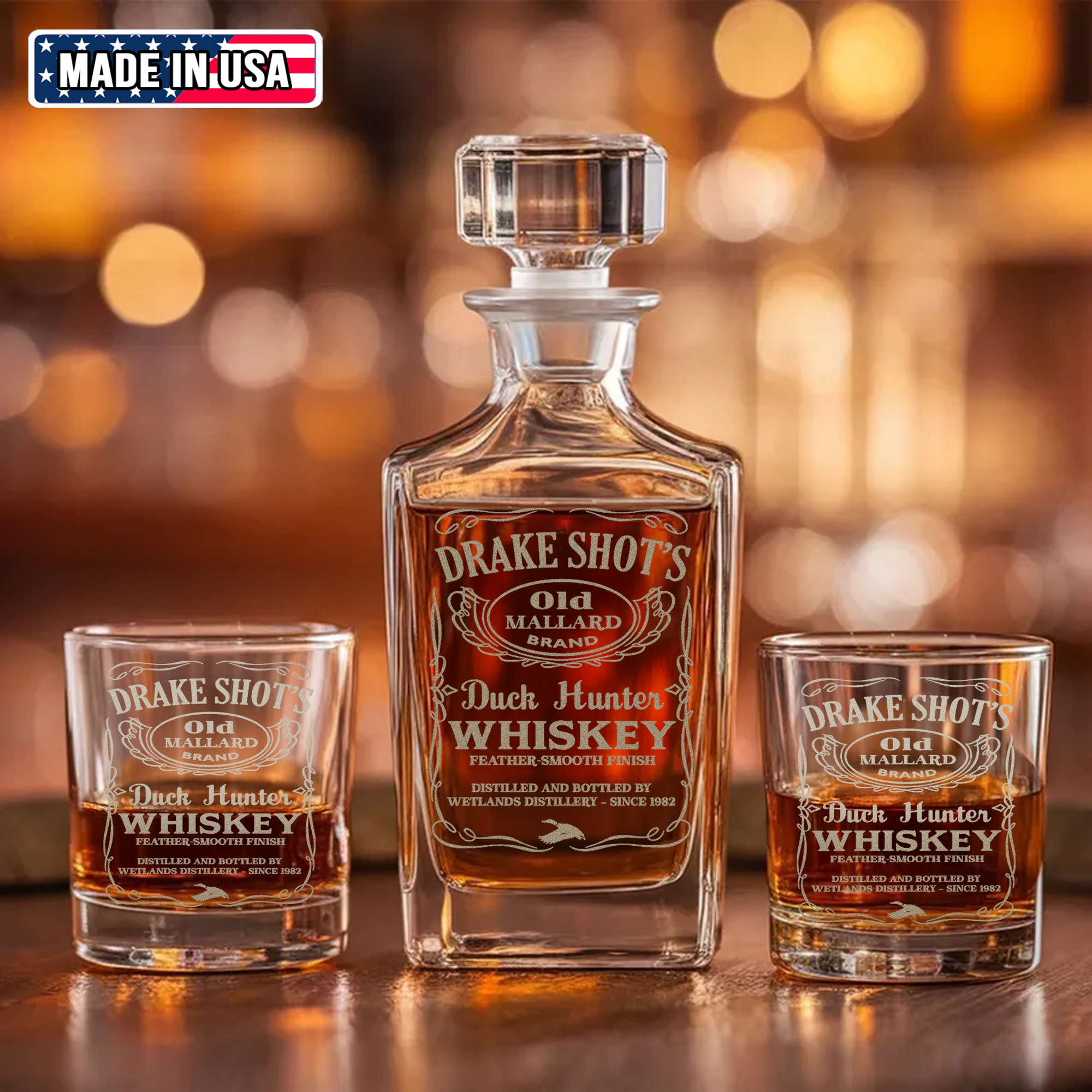 Drake Shot’s Whiskey Decanter Set – Engraved Duck Hunter Glass Barware Gift For Waterfowl Hunters & Drinking Lovers