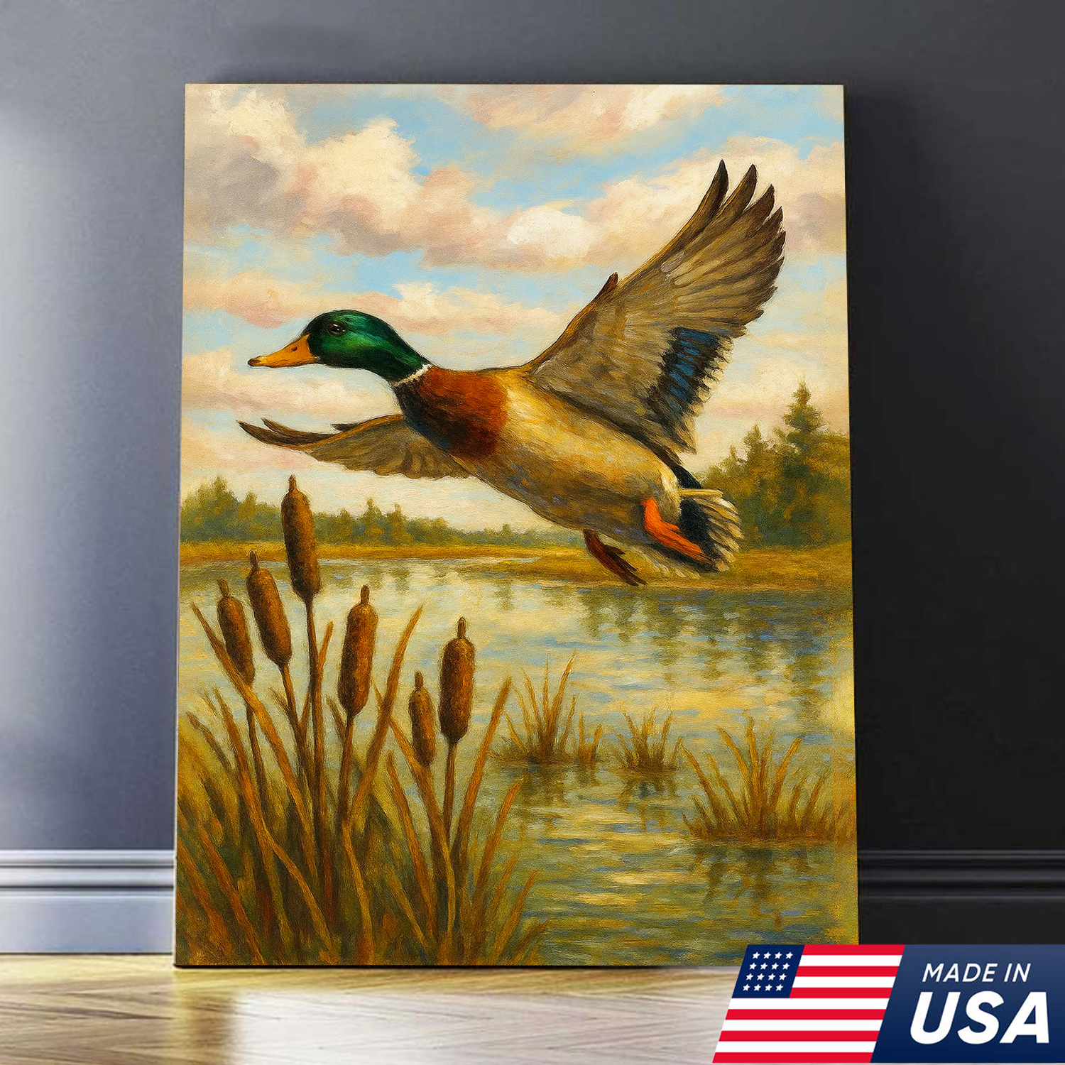 Flying Mallard Duck Canvas Wall Art, Rustic Hunting Cabin Decor, Perfect Gift for Hunters & Outdoor Lovers USA