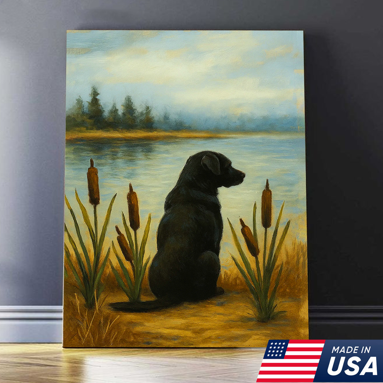 Black Labrador Hunting Dog Canvas Wall Art – Rustic Cabin Lodge Lake Decor, Gift For Hunters