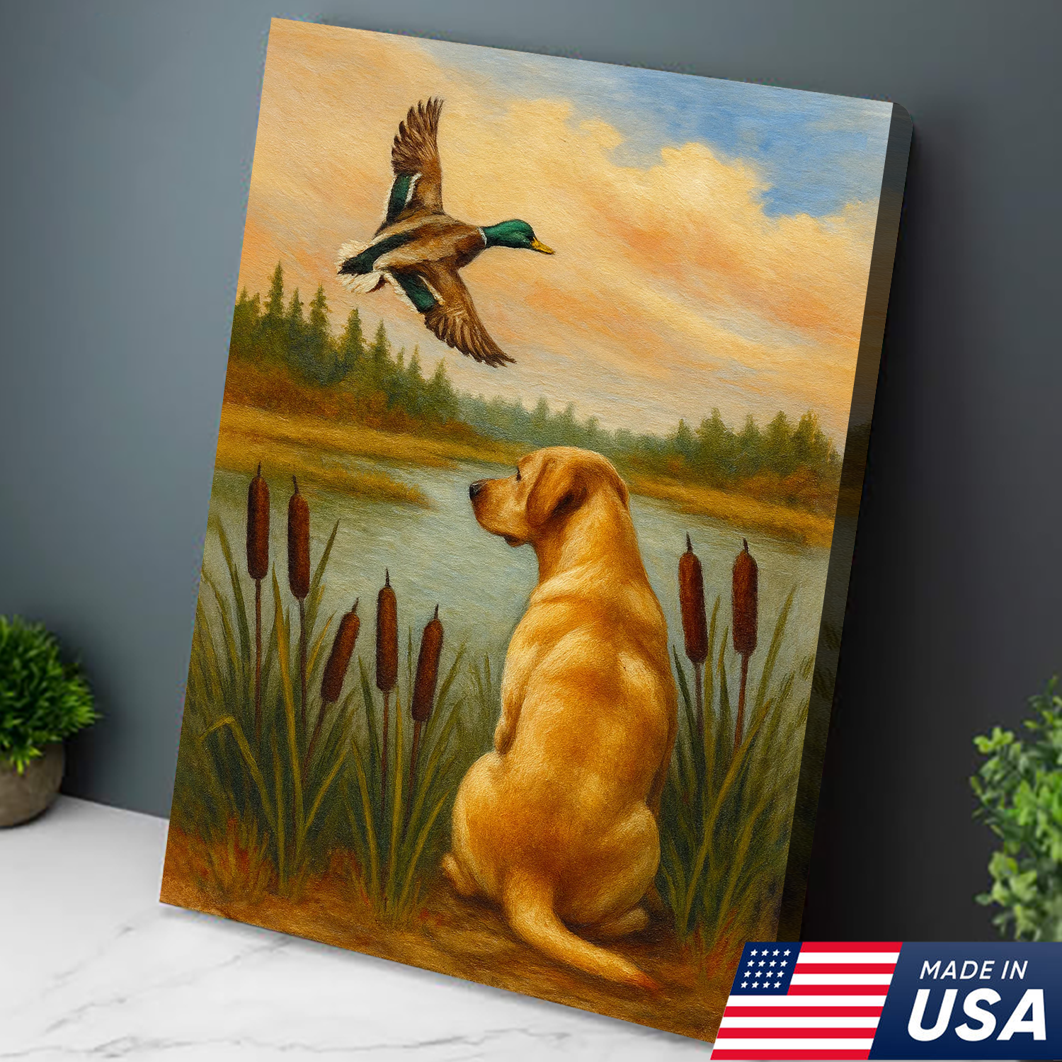 Duck Hunting Dog Canvas Wall Art – Labrador Retriever Rustic Cabin Lodge Decor, Made in USA