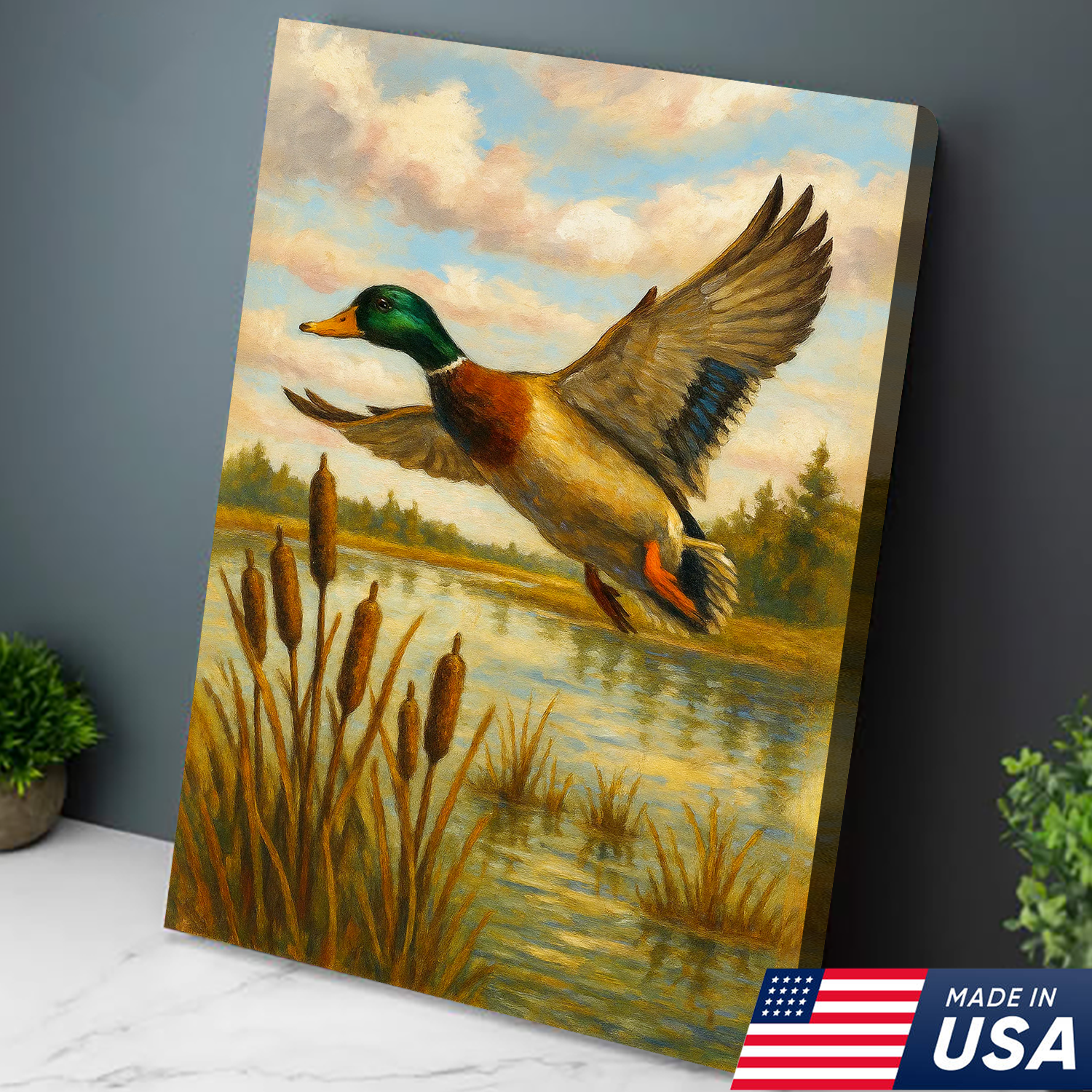 Flying Mallard Duck Canvas Wall Art, Rustic Hunting Cabin Decor, Perfect Gift for Hunters & Outdoor Lovers USA