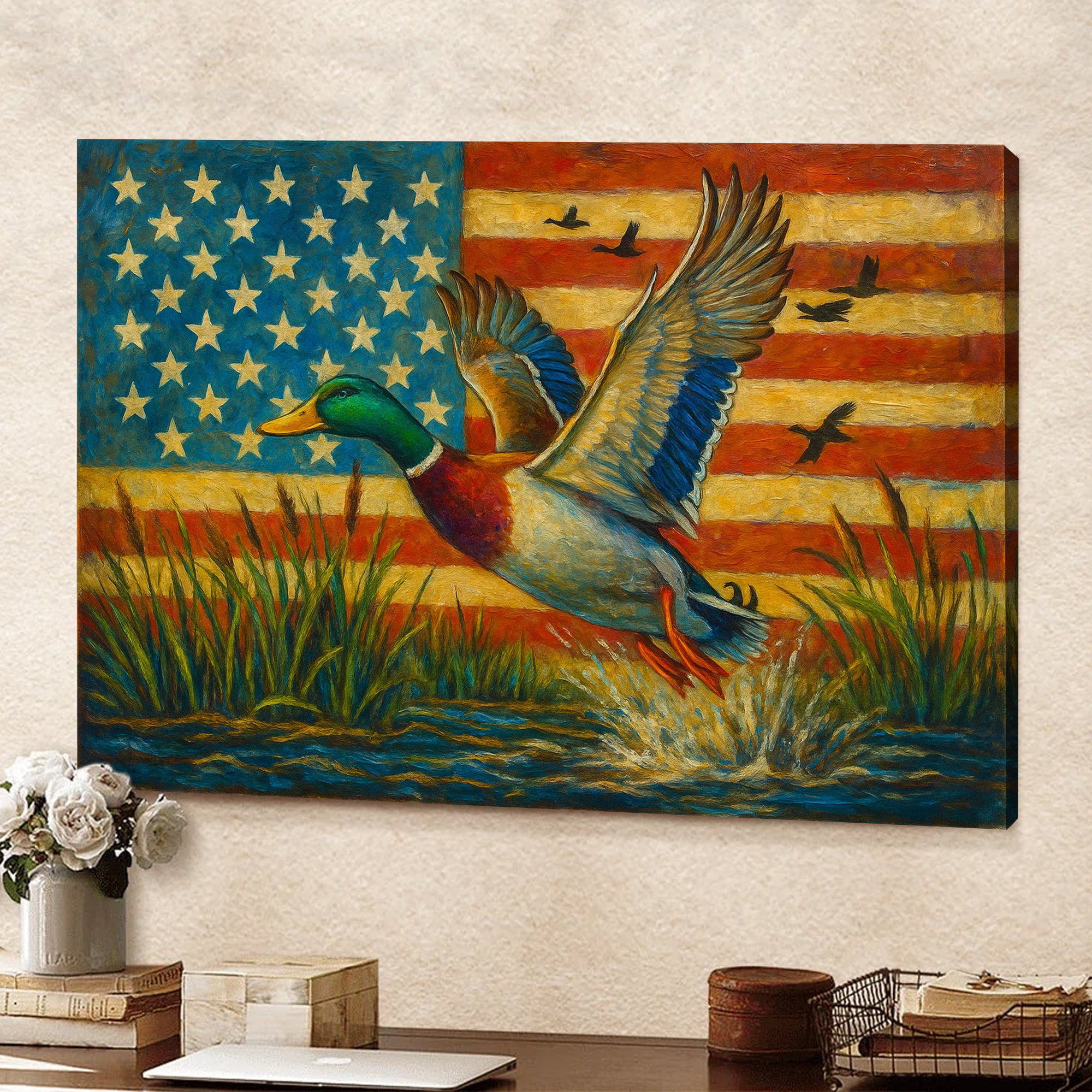 Duck Hunting Canvas – Mallard Flying with American Flag Rustic Wall Art for Hunters, Man Cave & Cabin Décor