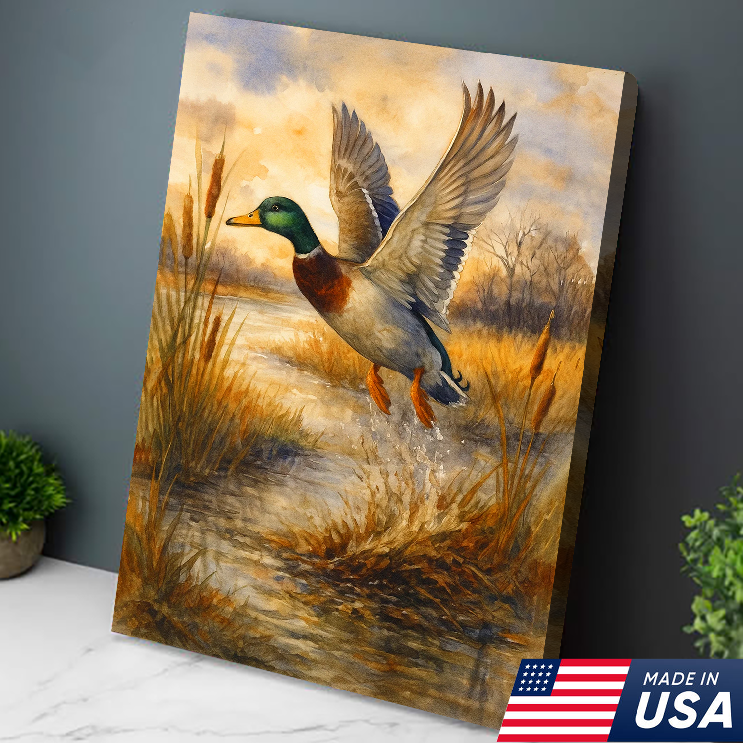 Flying Mallard Duck Canvas Wall Art, Rustic Hunting Wildlife Decor, Perfect Gift for Hunters & Outdoor Lovers