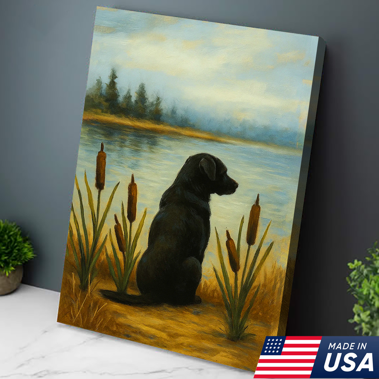 Black Labrador Hunting Dog Canvas Wall Art – Rustic Cabin Lodge Lake Decor, Gift For Hunters