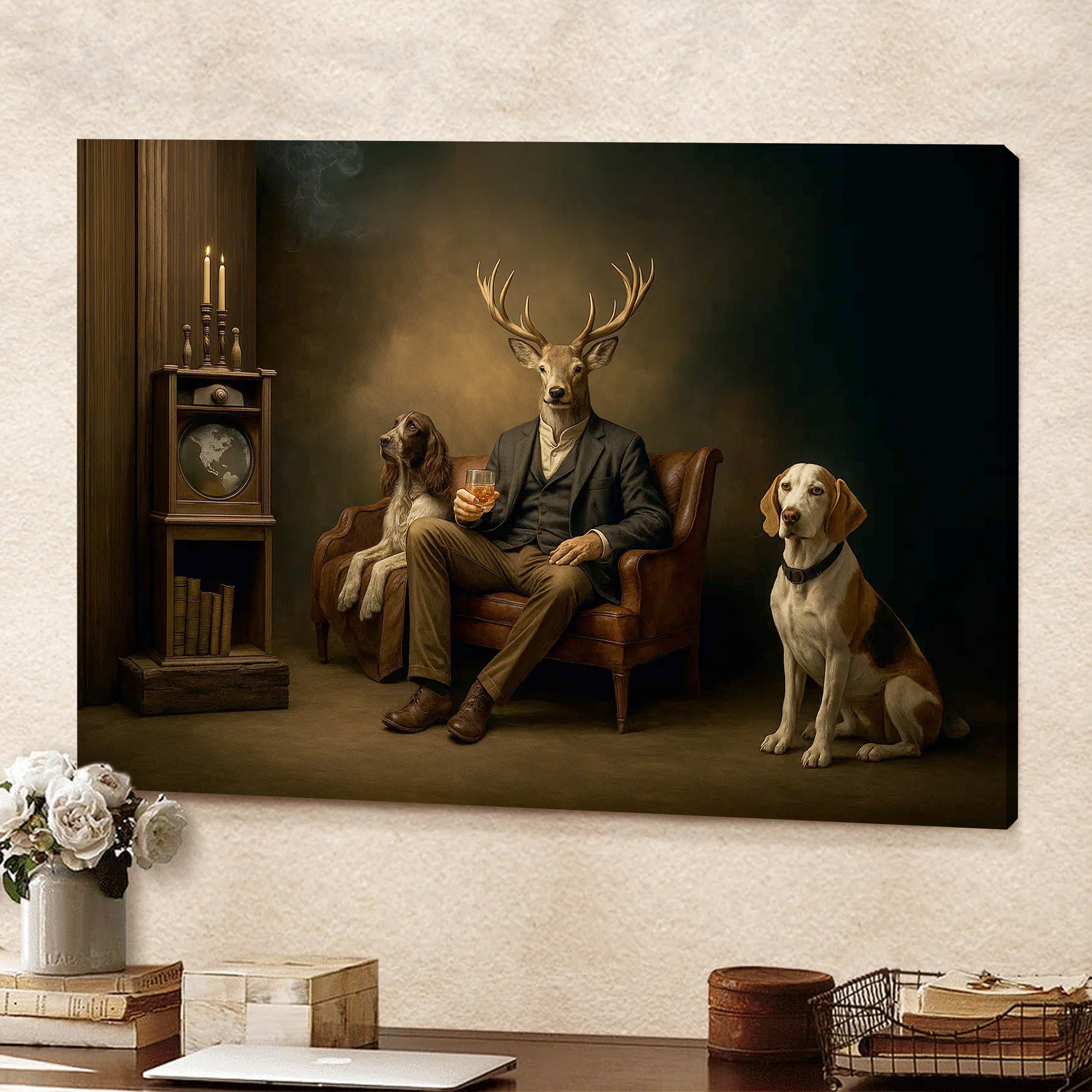 Gentleman Deer Canvas Wall Art – Rustic Whiskey & Hunting Lodge Decor, Man Cave Dog Lover Gift