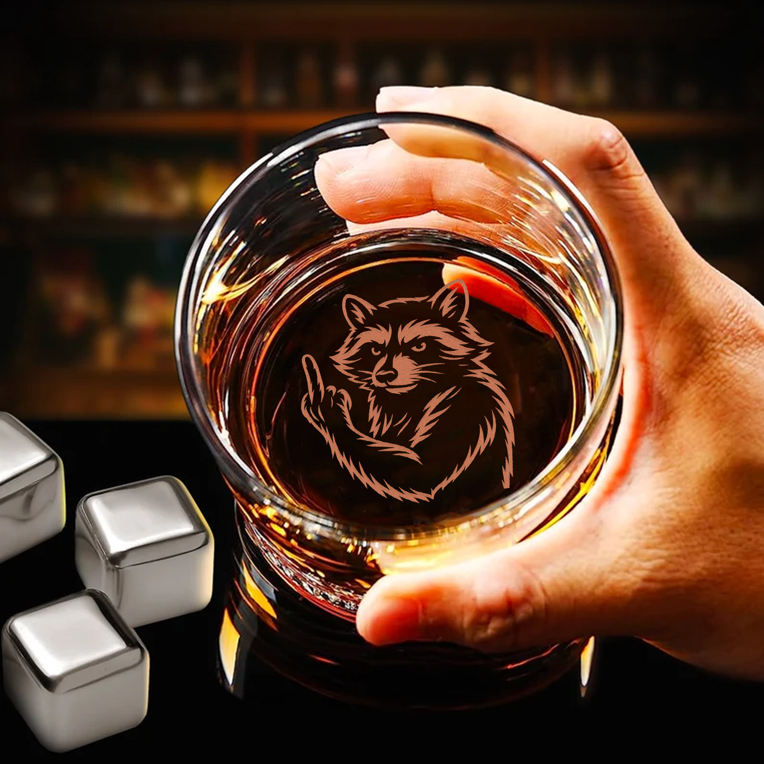 Raccoon Hunting Engraved Whiskey Glass, Gift for Men, Rustic Wildlife Barware
