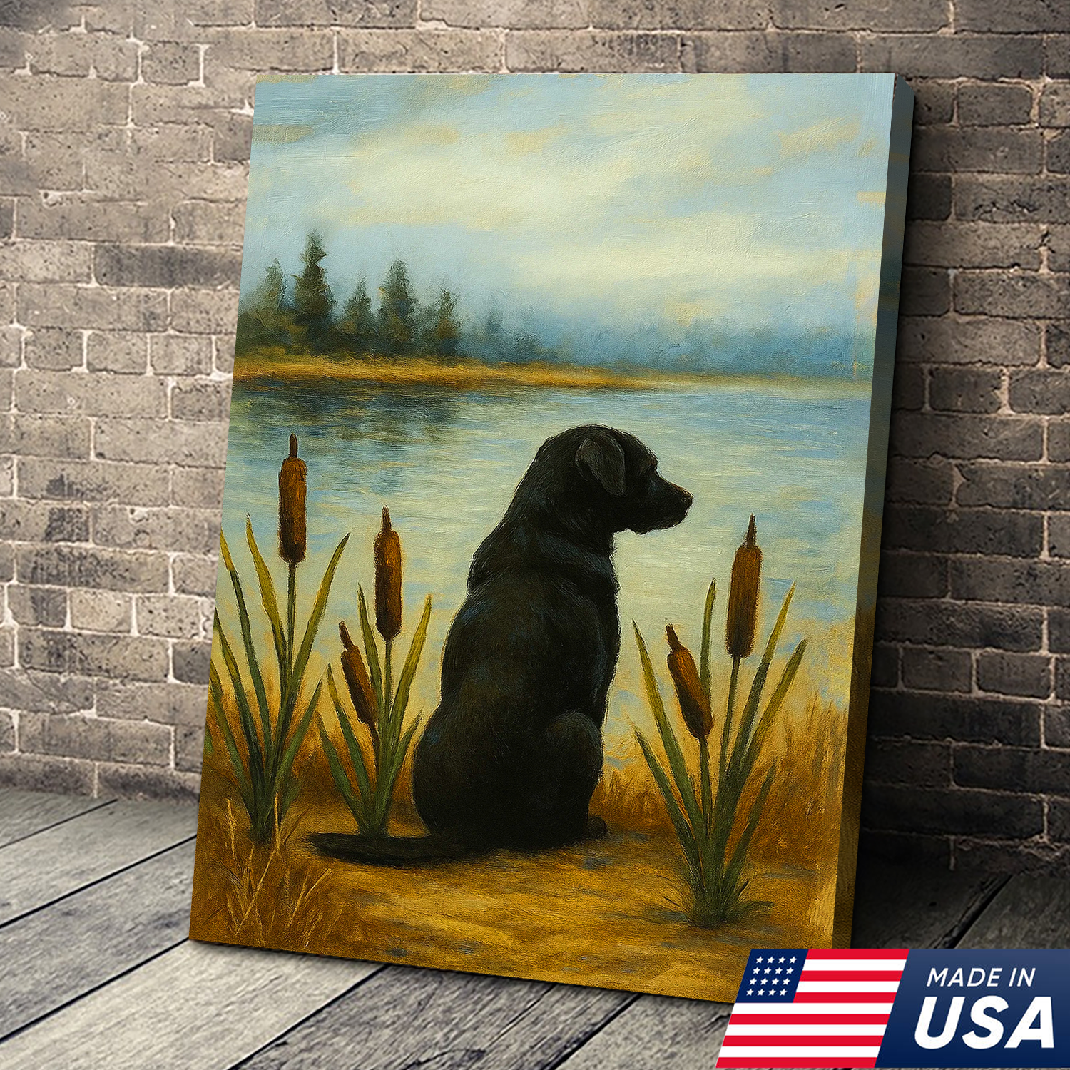 Black Labrador Hunting Dog Canvas Wall Art – Rustic Cabin Lodge Lake Decor, Gift For Hunters