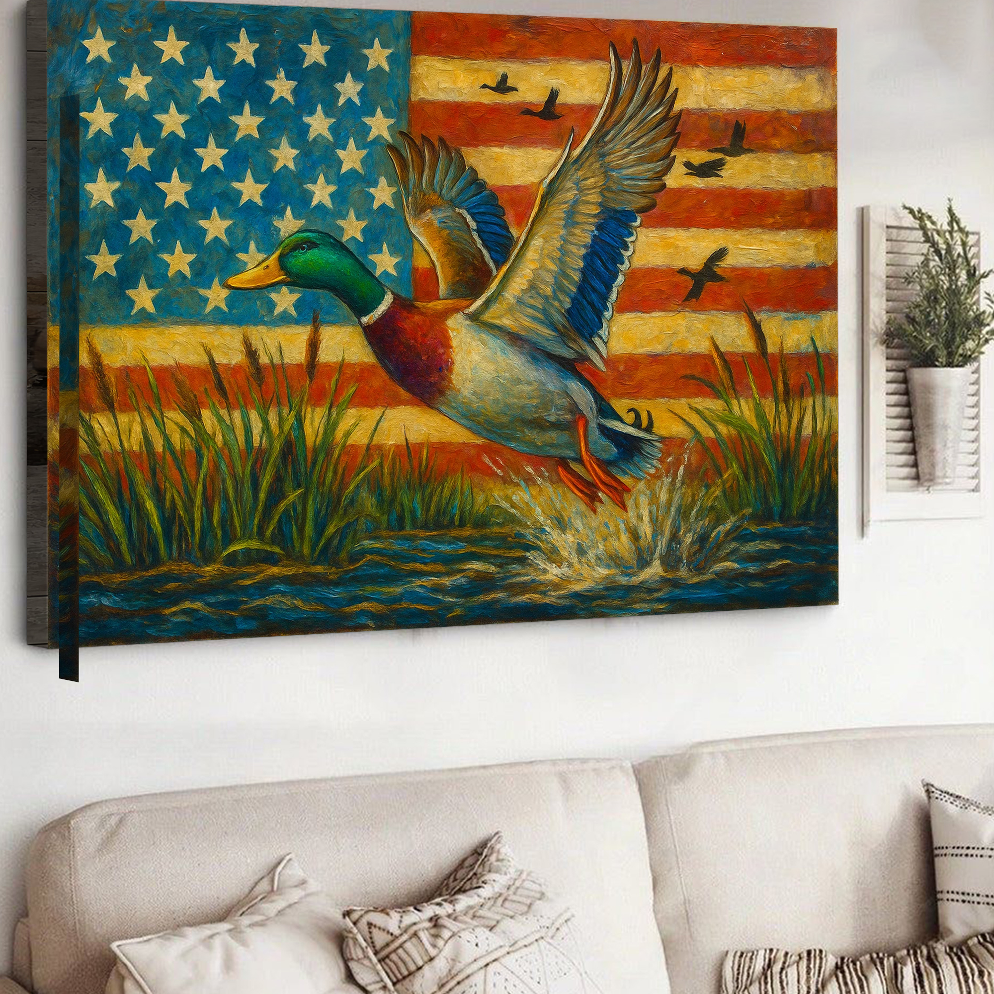 Duck Hunting Canvas – Mallard Flying with American Flag Rustic Wall Art for Hunters, Man Cave & Cabin Décor