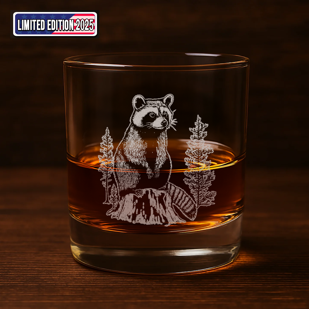 Raccoon In Forest Engraved Whiskey Glass, Wildlife Raccoon Rocks Glass Gift for Drinking Lovers & Hunters