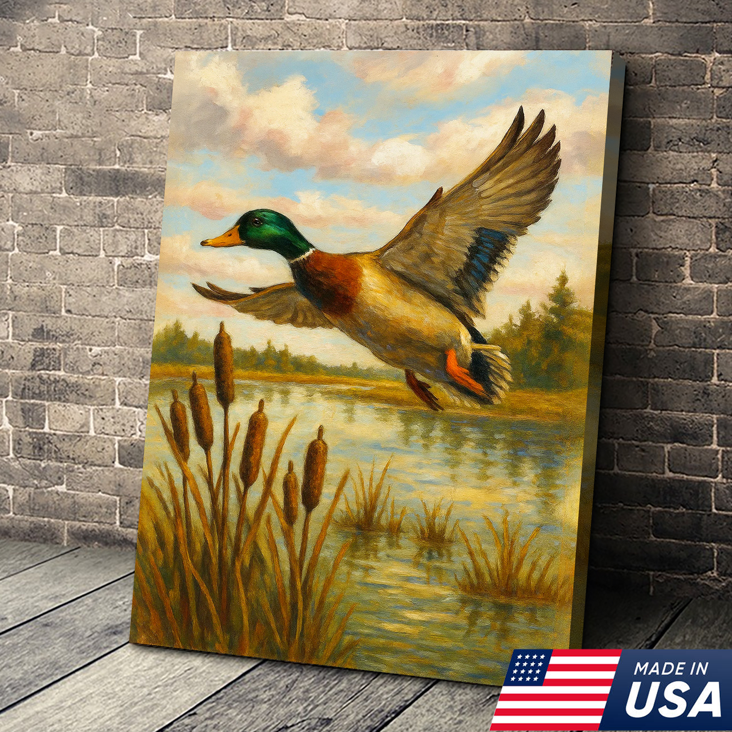 Flying Mallard Duck Canvas Wall Art, Rustic Hunting Cabin Decor, Perfect Gift for Hunters & Outdoor Lovers USA