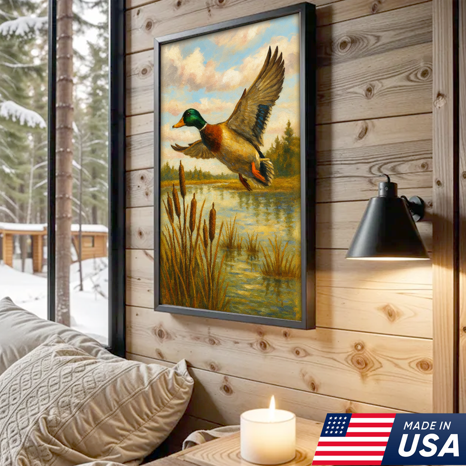 Flying Mallard Duck Canvas Wall Art, Rustic Hunting Cabin Decor, Perfect Gift for Hunters & Outdoor Lovers USA