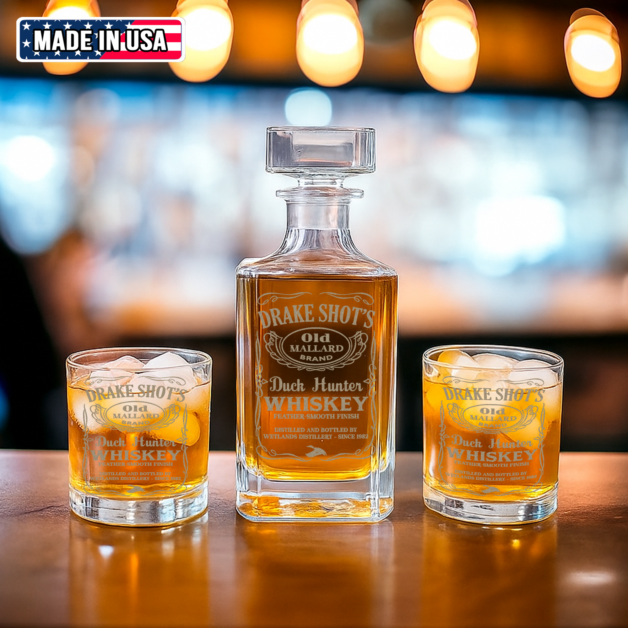 Drake Shot’s Whiskey Decanter Set – Engraved Duck Hunter Glass Barware Gift For Waterfowl Hunters & Drinking Lovers