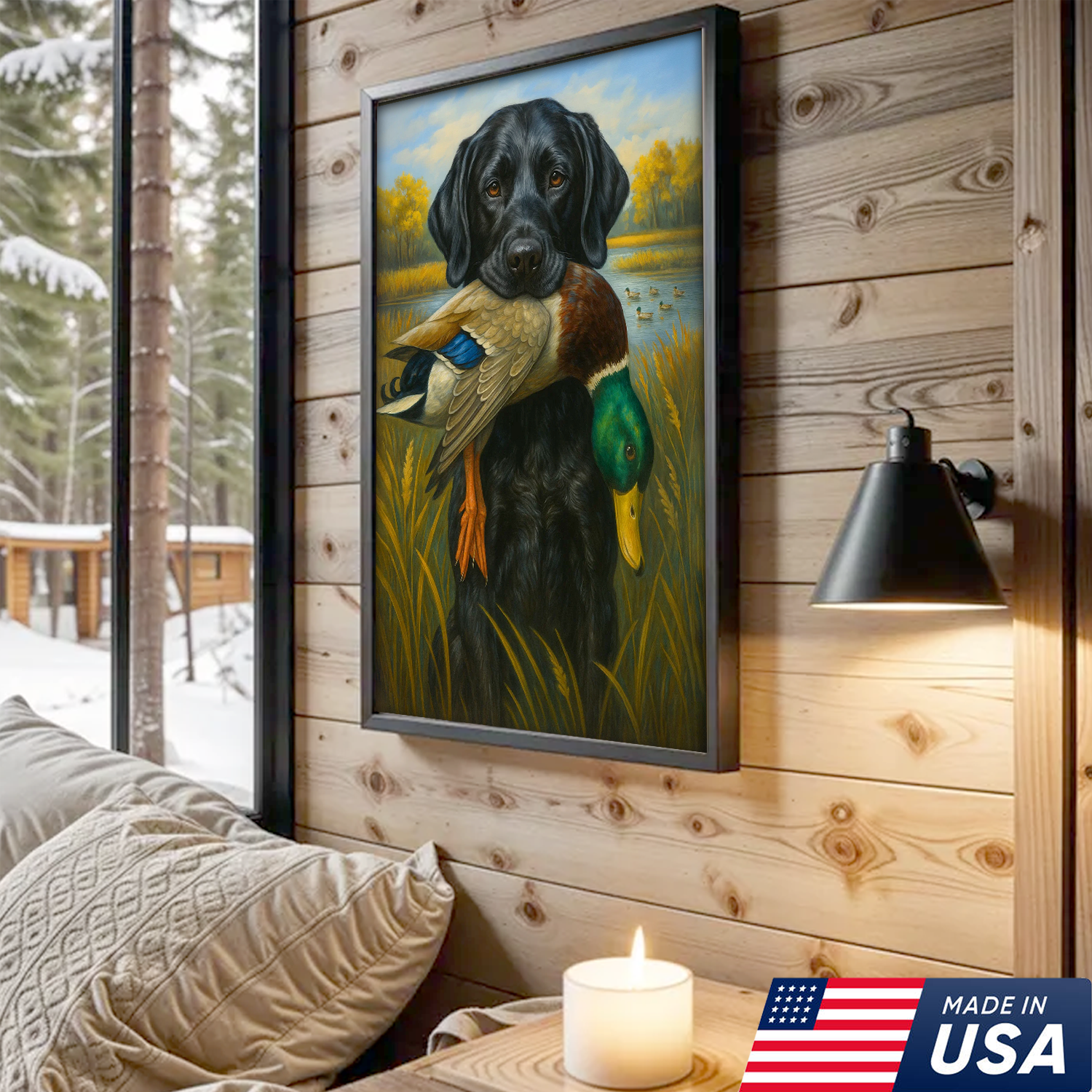 Hunting Dog Canvas Wall Art – Black Labrador Retriever with Duck, Rustic Cabin & Man Cave Decor, Made in USA