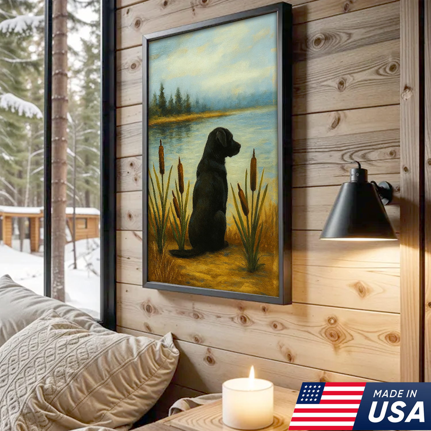 Black Labrador Hunting Dog Canvas Wall Art – Rustic Cabin Lodge Lake Decor, Gift For Hunters