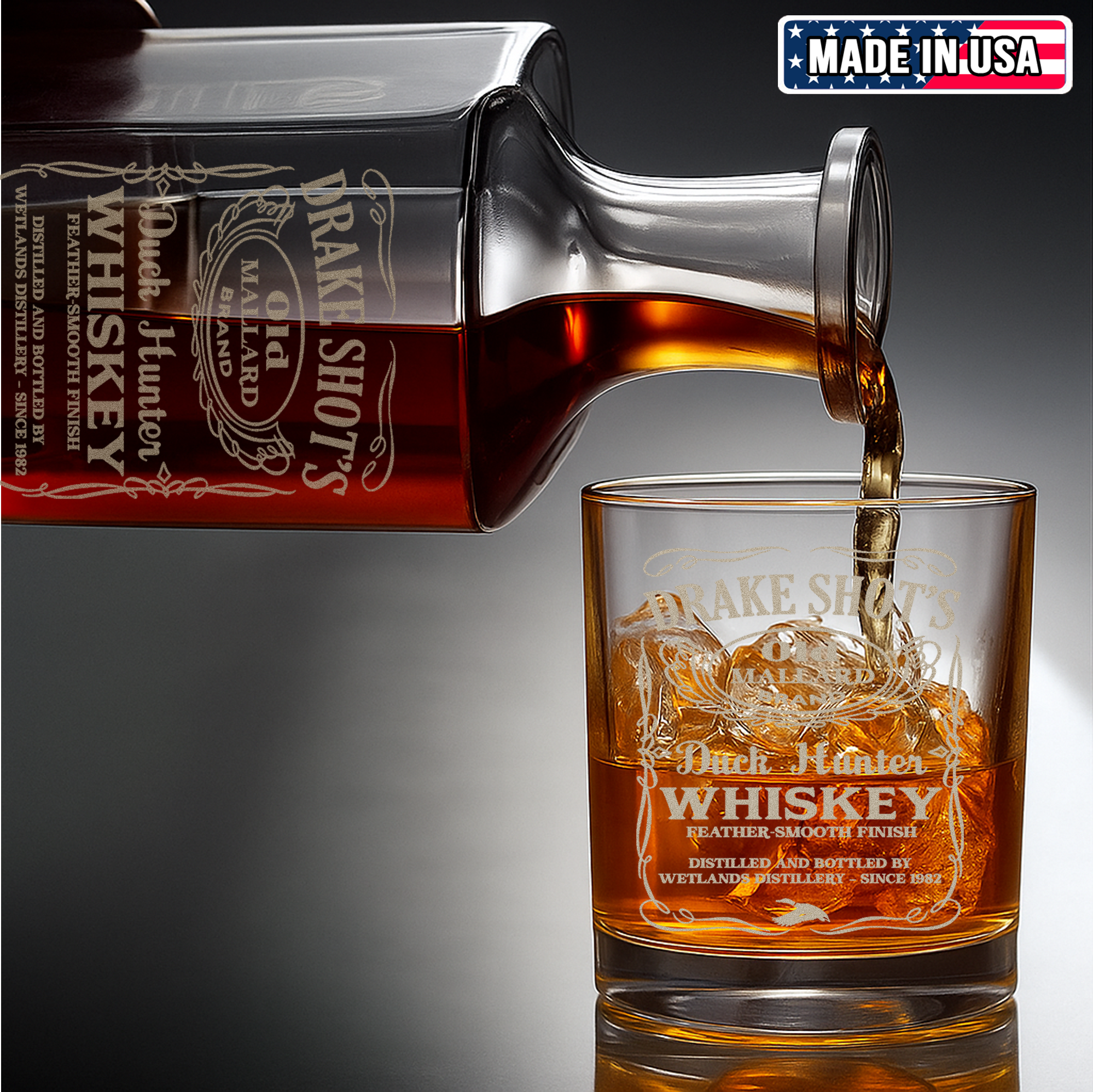 Drake Shot’s Whiskey Decanter Set – Engraved Duck Hunter Glass Barware Gift For Waterfowl Hunters & Drinking Lovers