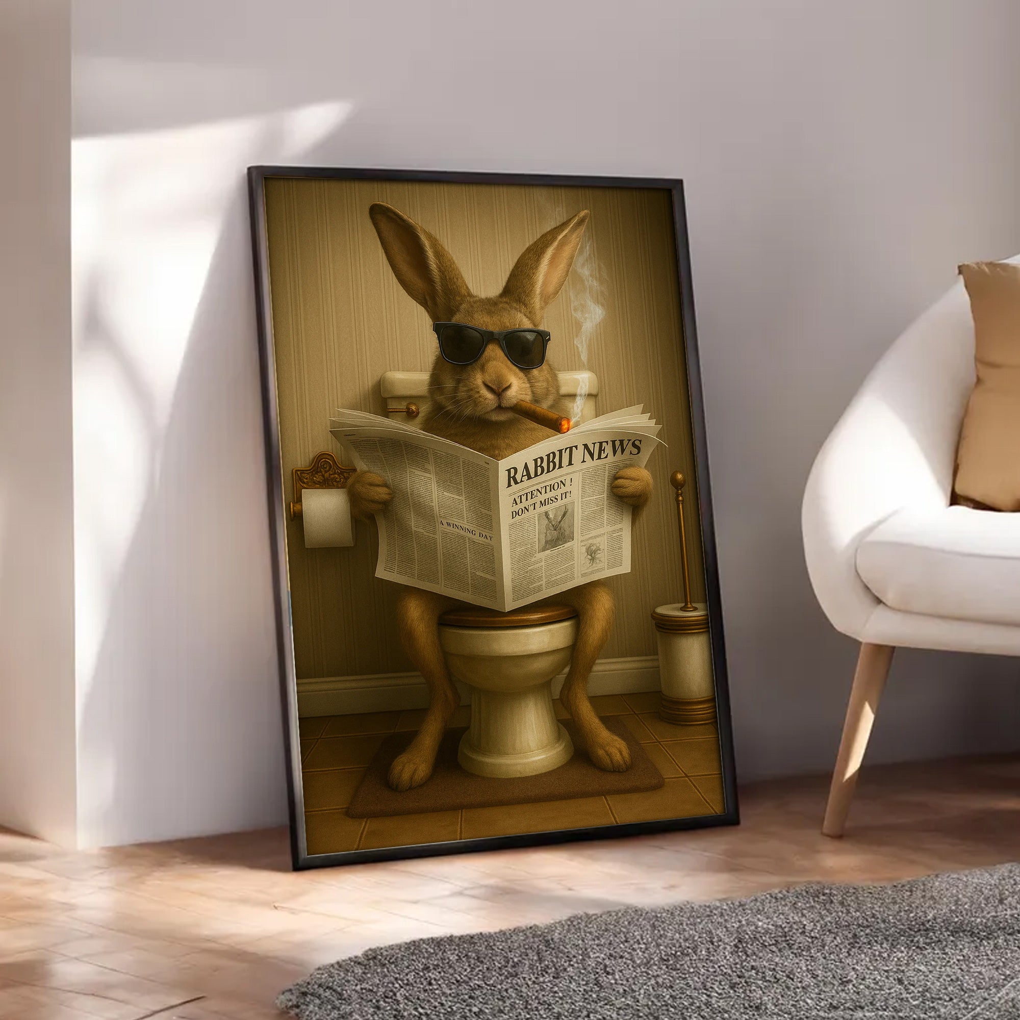 Funny Rabbit Reading News Bathroom Wall Art – Rustic Decor for Men, Hunting Cabin Poster, Hilarious Gift for Dad