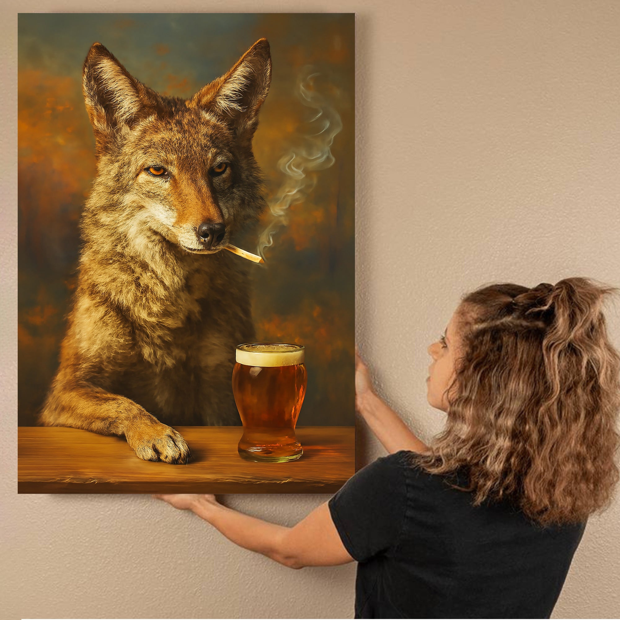 Smoking Wolf Coyote with Cocktail Glasses Canvas – Funny Hunting Wall Art for Man Caves - Hilarious Gift for Outdoorsmen