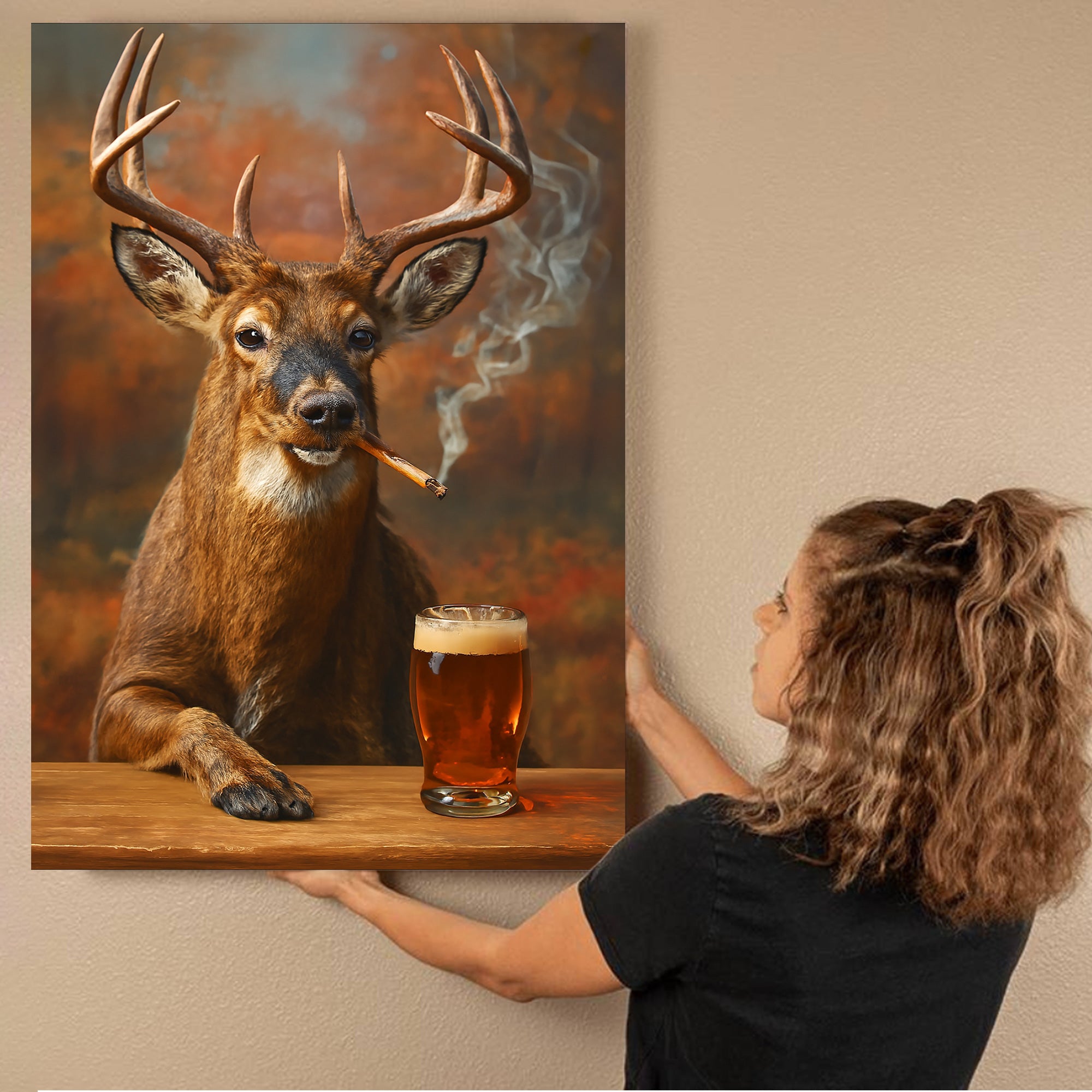 Smoking Deer with Cocktail Glasses Canvas – Funny Hunting Wall Art for Man Caves