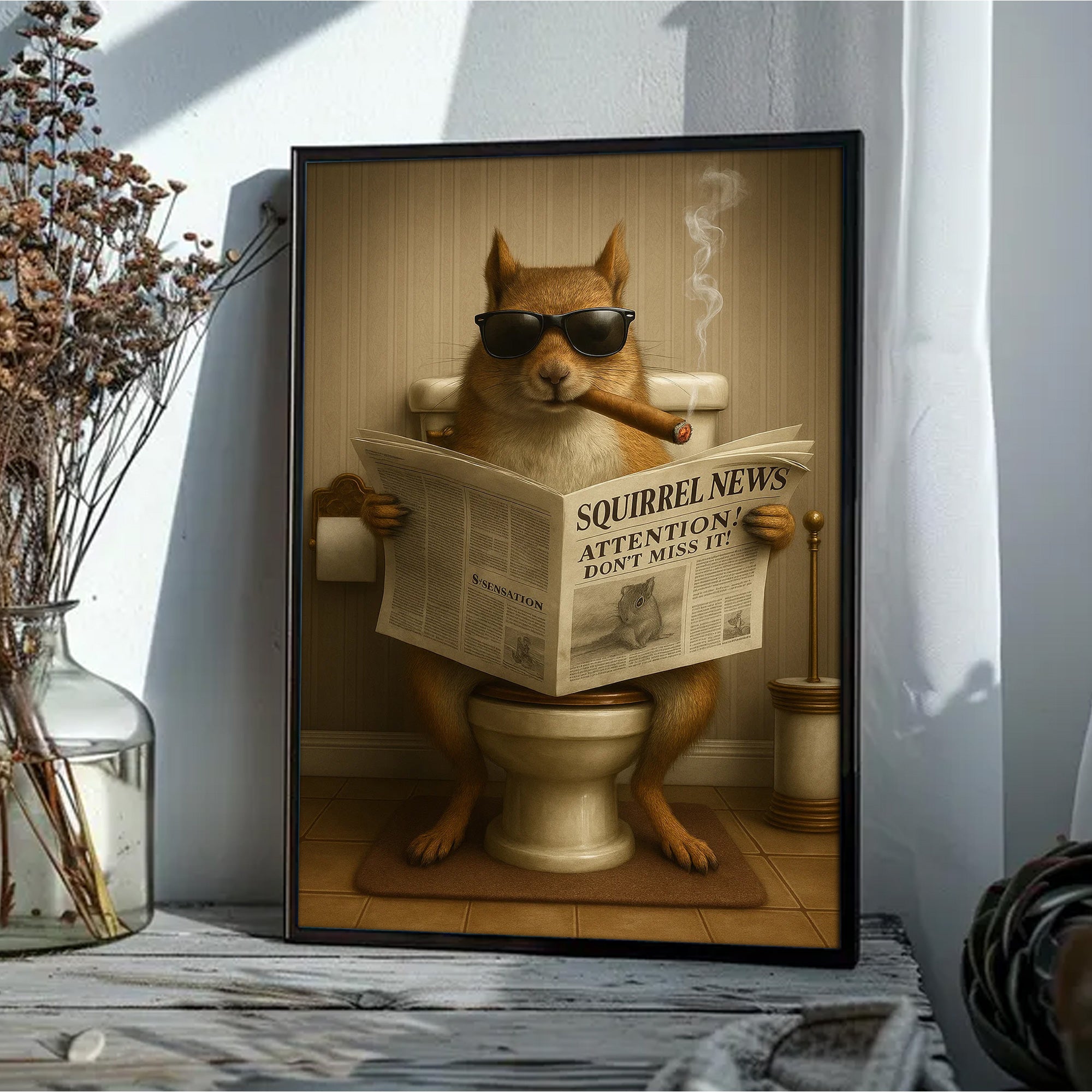 Squirrel Reading News Smoking Bathroom Wall Art – Rustic Decor for Men, Hunting Cabin Poster, Hilarious Gift for Dad