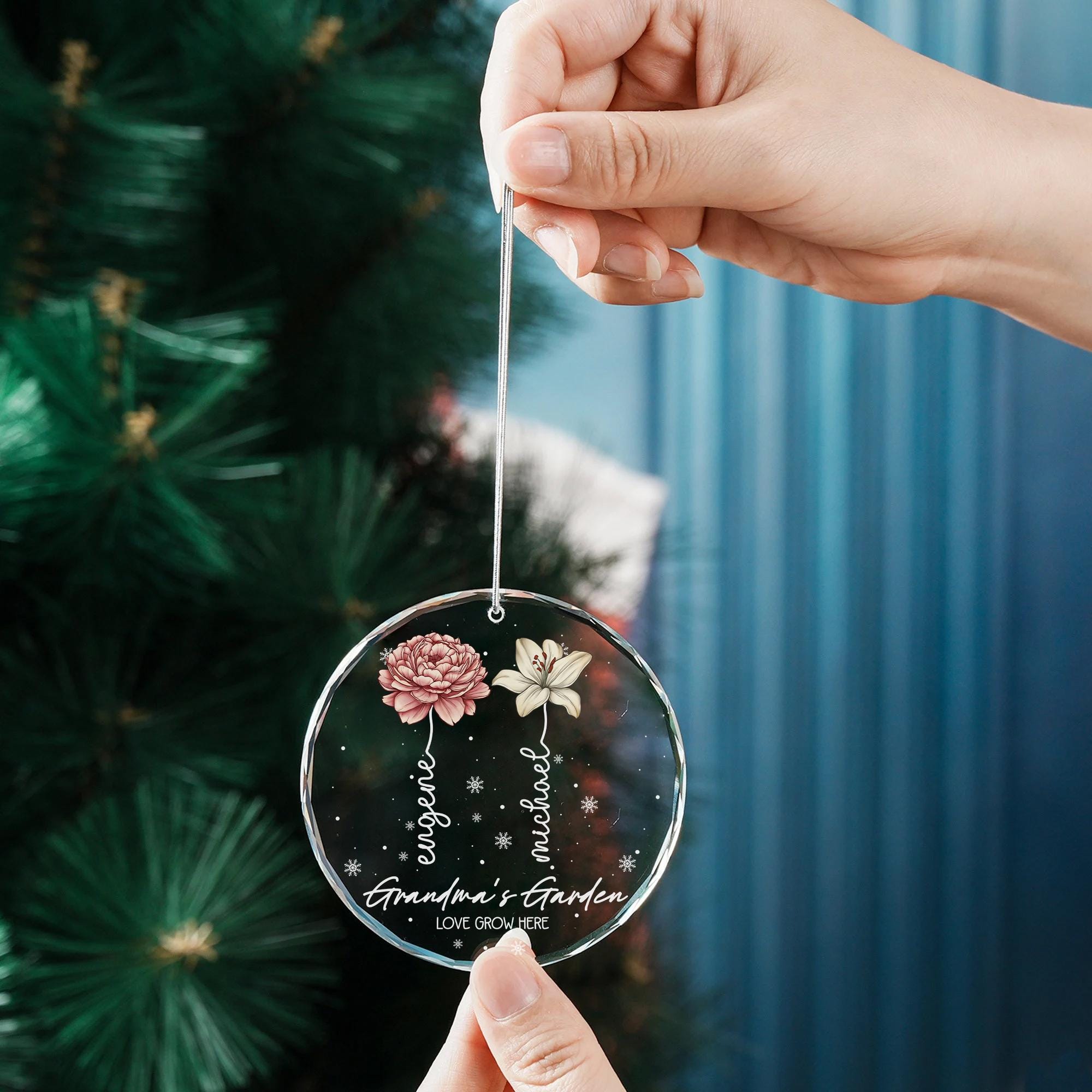 Grandma's Garden Birth Flower Personalized Christmas Crystal Ornament Gift for Grandma from Grandchildren
