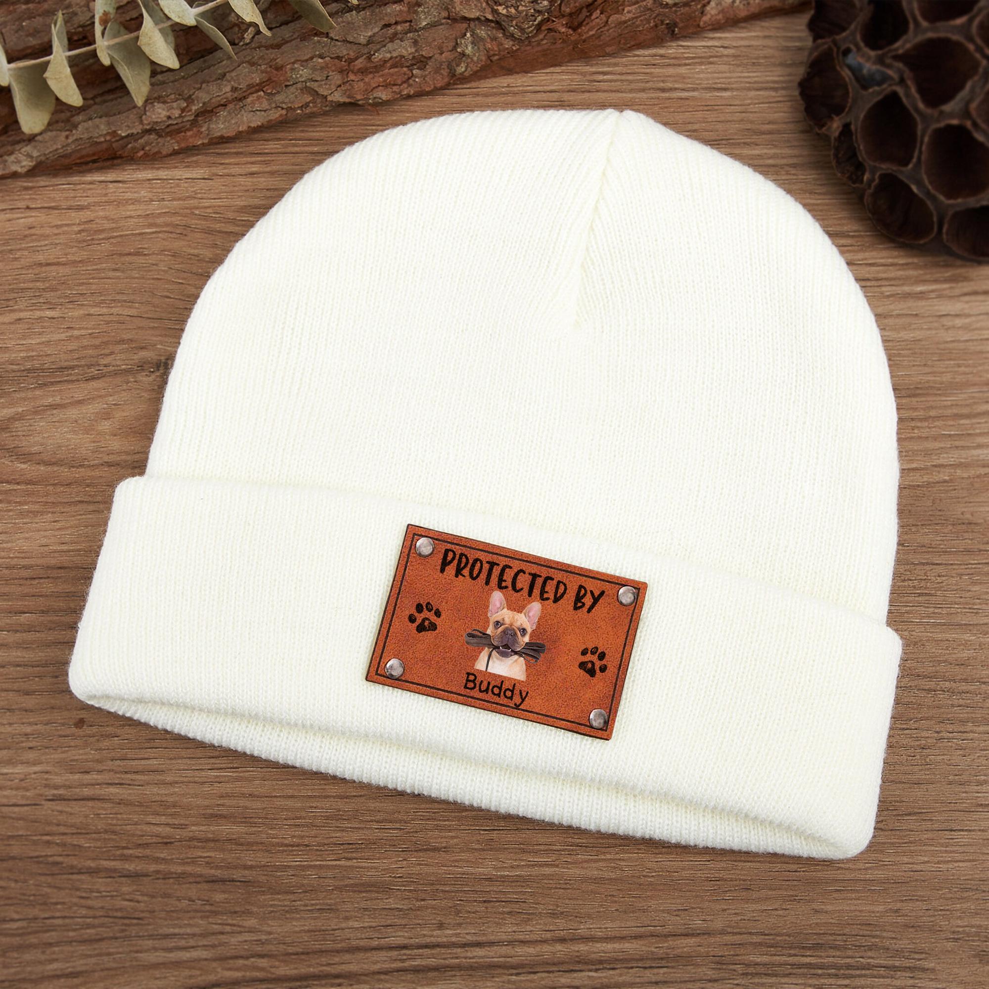 Baby Beanie Protected By Custom Portraits Using Pet Photo, Personalized Baby Beanie with Leather Patch, Beanie for Newborn, Infant, Baby