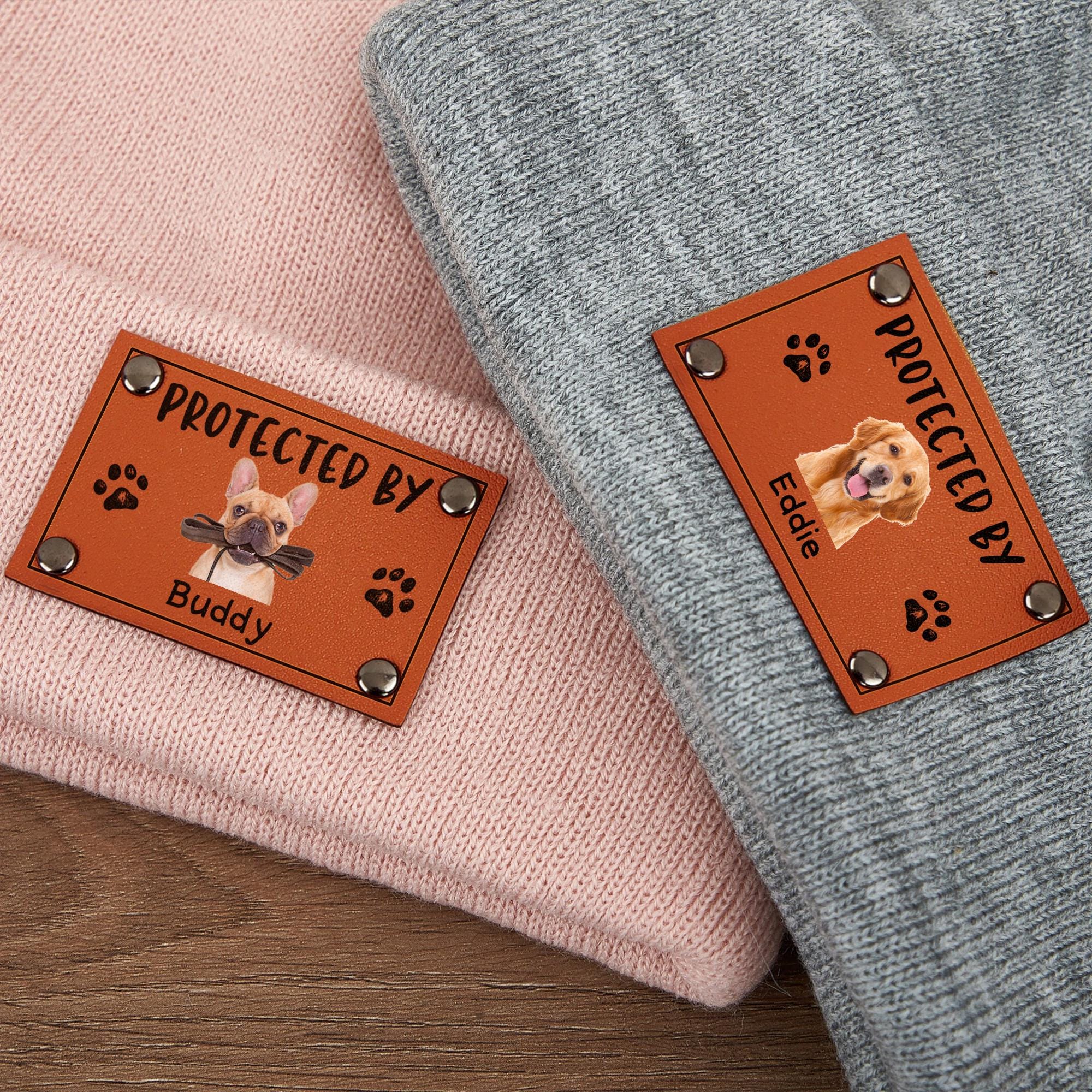 Baby Beanie Protected By Custom Portraits Using Pet Photo, Personalized Baby Beanie with Leather Patch, Beanie for Newborn, Infant, Baby