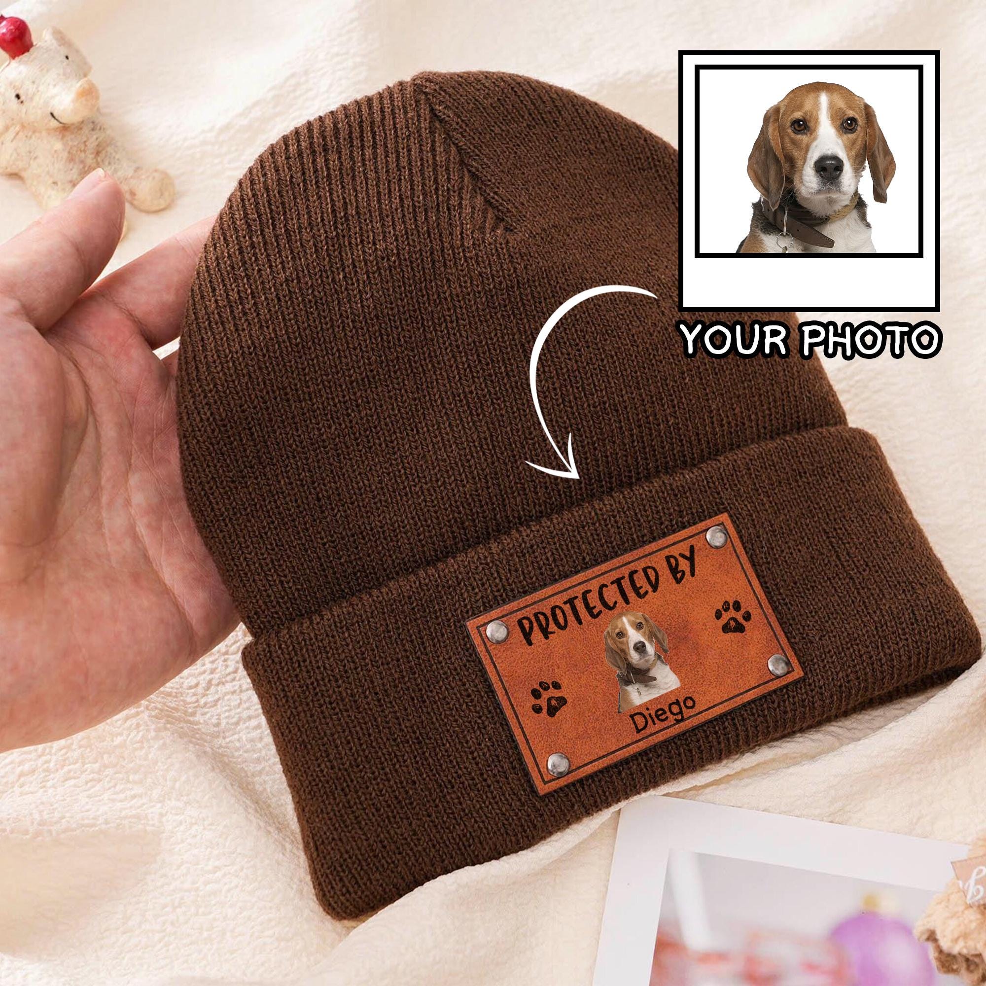 Baby Beanie Protected By Custom Portraits Using Pet Photo, Personalized Baby Beanie with Leather Patch, Beanie for Newborn, Infant, Baby