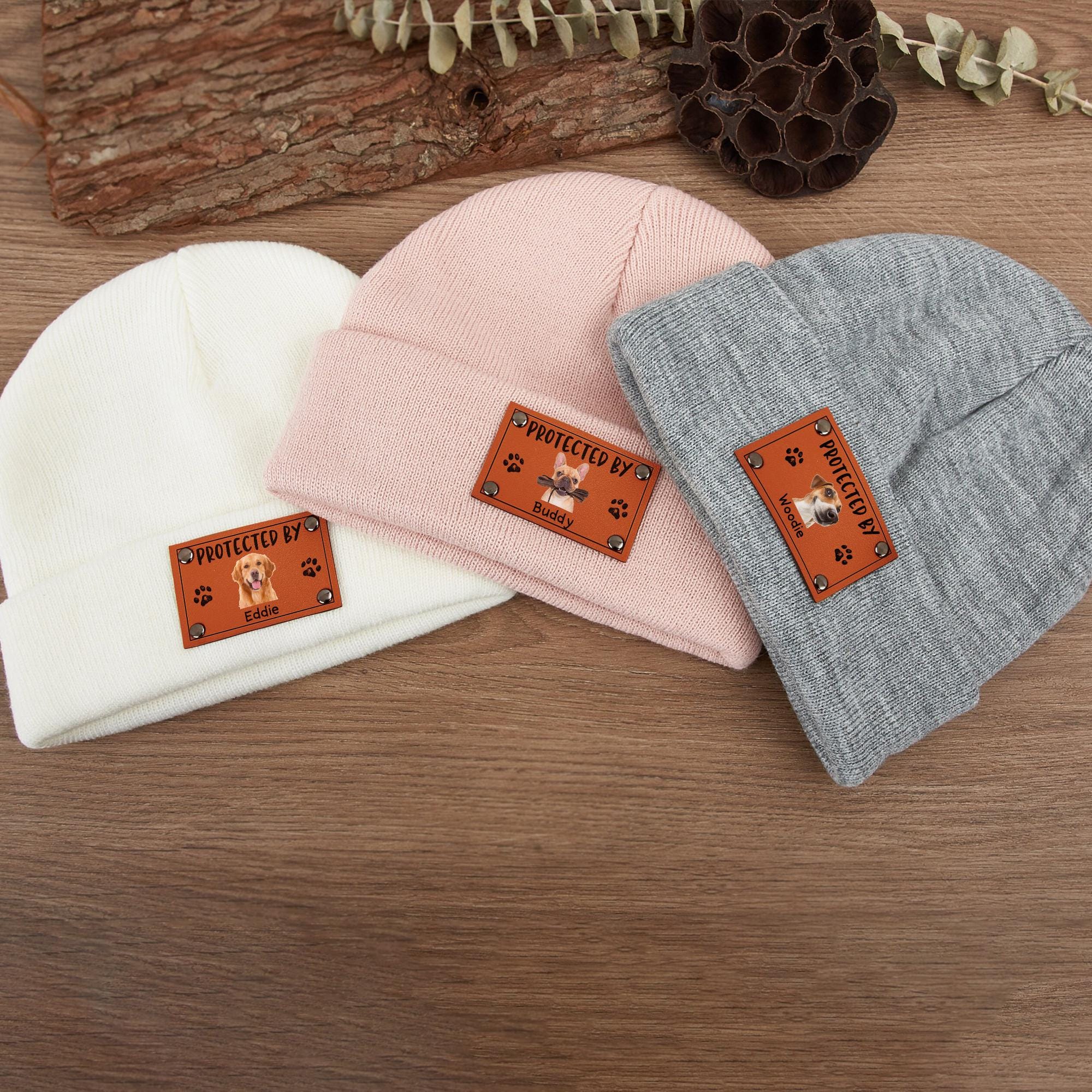 Baby Beanie Protected By Custom Portraits Using Pet Photo, Personalized Baby Beanie with Leather Patch, Beanie for Newborn, Infant, Baby