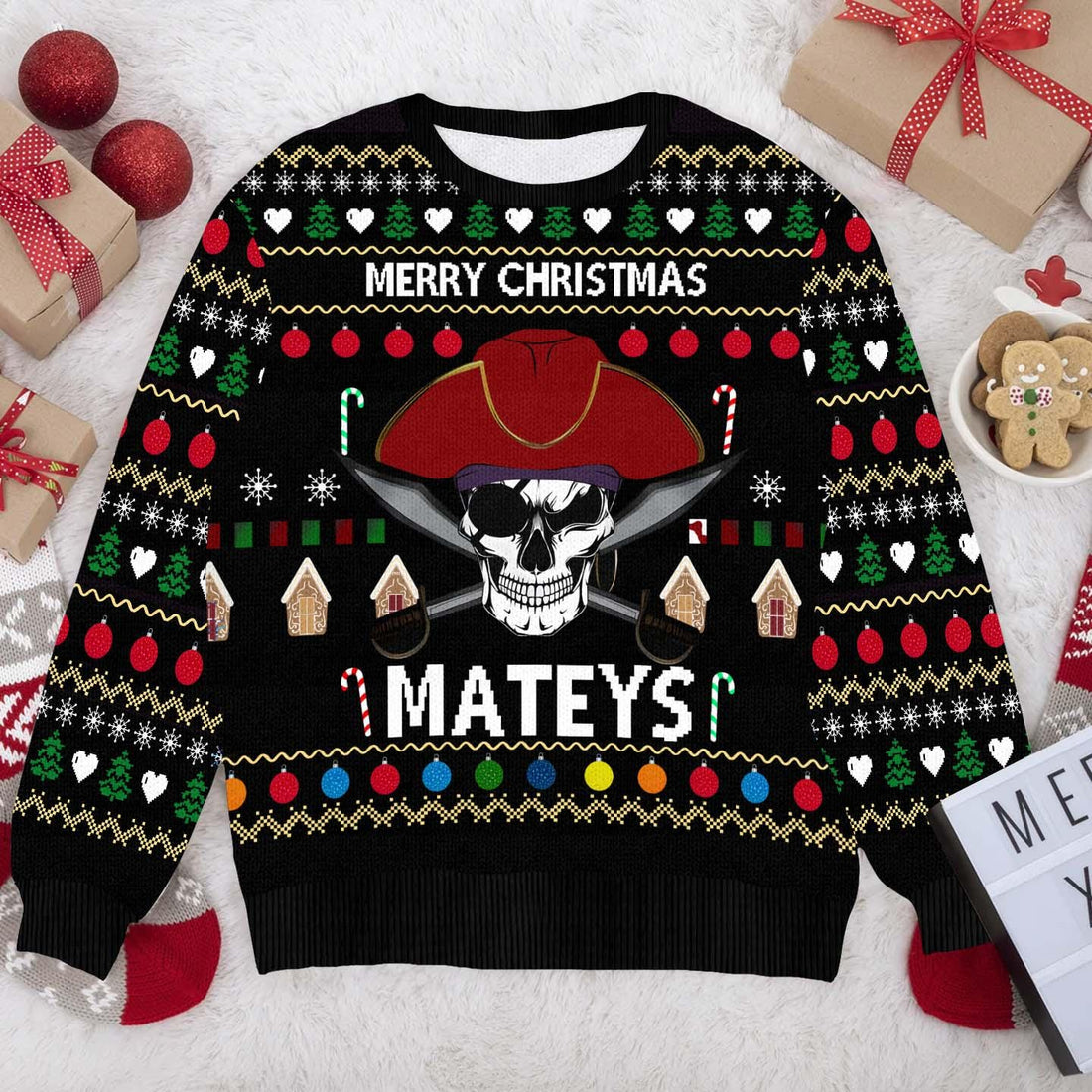 Funny Pirate Christmas Sweater - Merry Christmas Mateys Ugly Xmas Sweater - Holiday Pullover for Pirate Fans