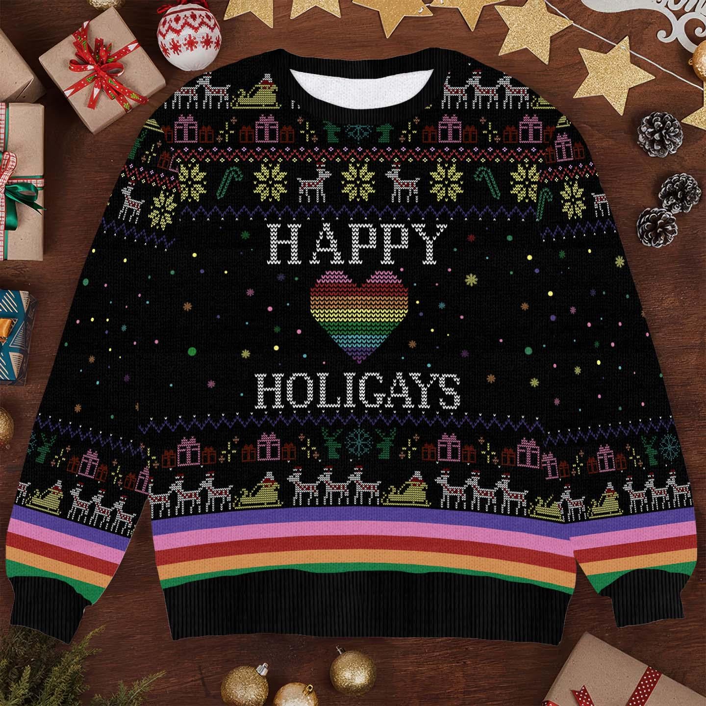 Happy Holigays Christmas Sweater - Funny LGBTQ+ Pride Ugly Xmas Sweater - Festive Holiday Pullover with Rainbow