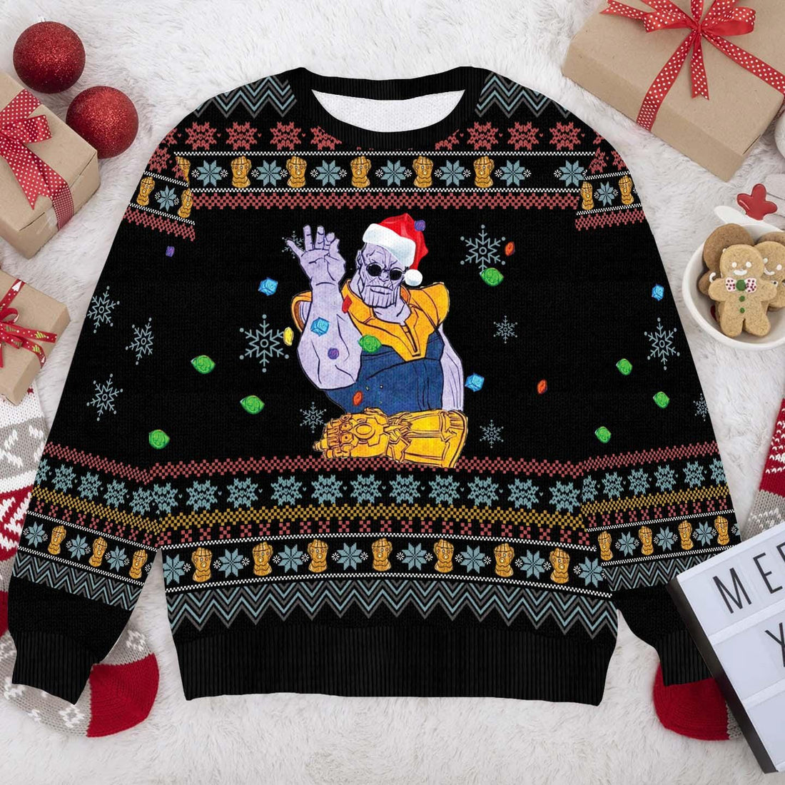 Funny Thanos Christmas Sweater - Infinity Gauntlet Ugly Xmas Sweater - Festive Holiday Pullover for Superhero Fans