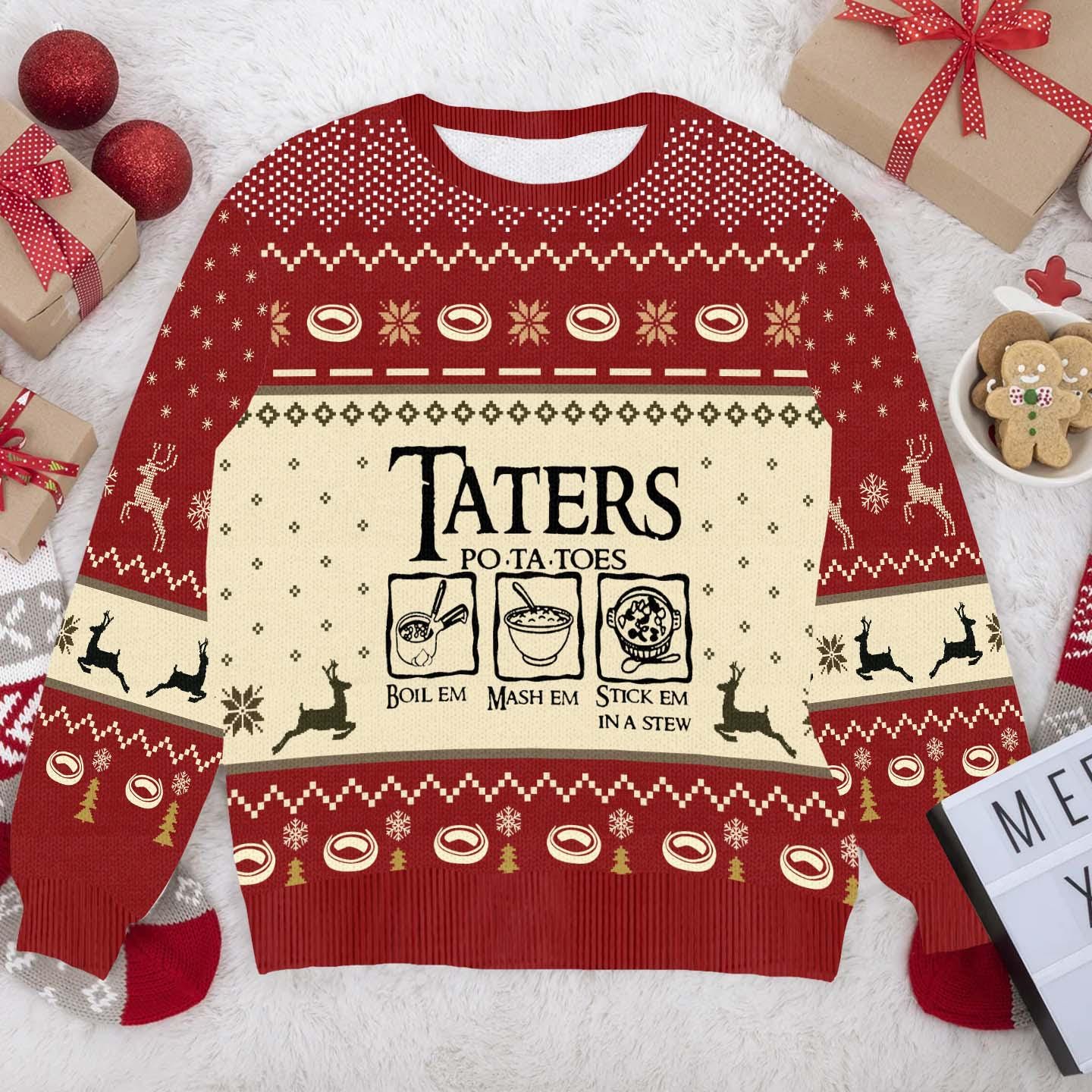 Funny Taters Ugly Christmas Sweater - Lord of the Rings Inspired Holiday Sweater - Boil Em Mash Em Stick Em in a Stew Gift Knit