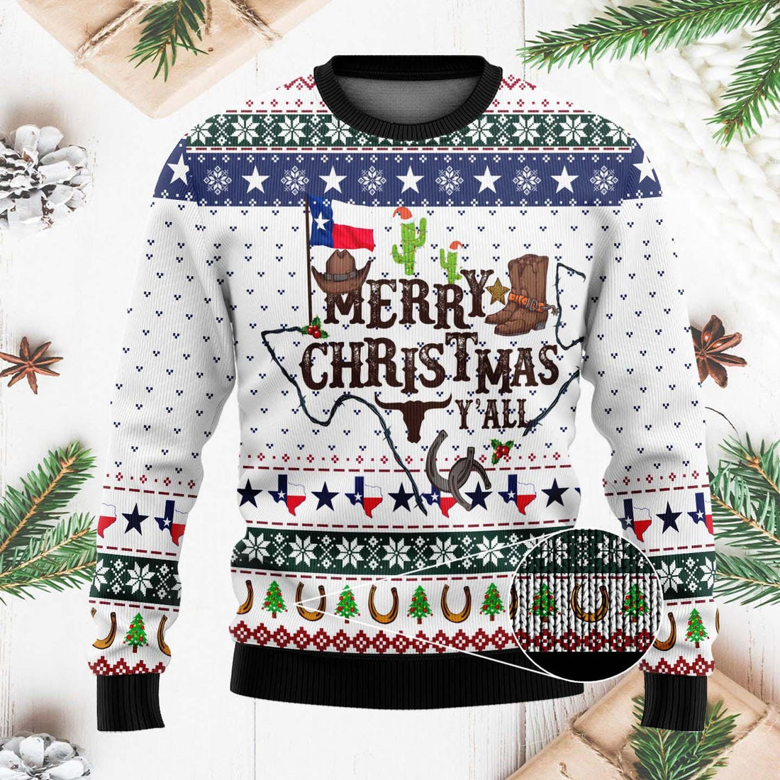Merry Christmas Y'all Ugly Sweater - Texas Themed Holiday Knit - Western Cowboy Christmas Sweater with Cactus and Boots