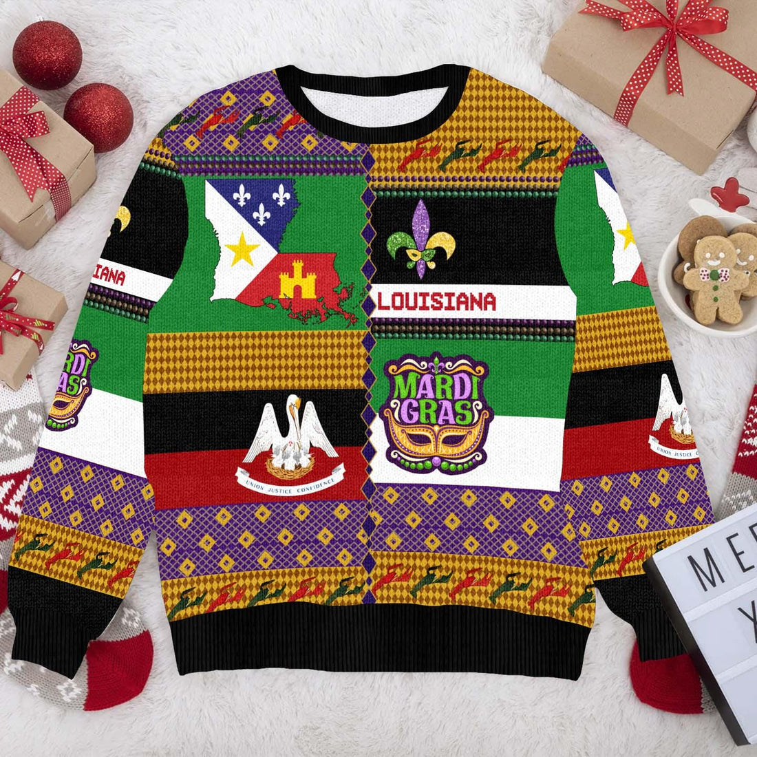 Louisiana Mardi Gras Ugly Christmas Sweater  Festive Southern Heritage Knit