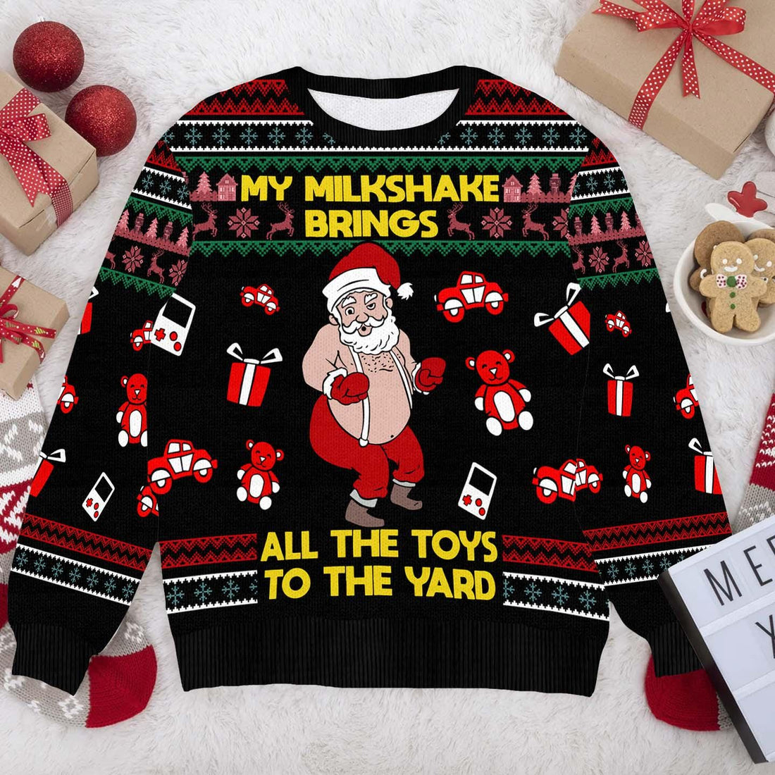 Hilarious Santa Ugly Christmas Sweater  "My Milkshake Brings All the Toys to the Yard"