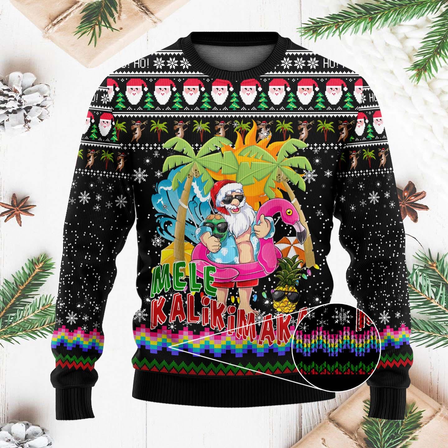 Hawaiian Santa Claus Mele Kalikimaka Ugly Christmas Sweater, Funny Hawaiian Santa Xmas Sweater,