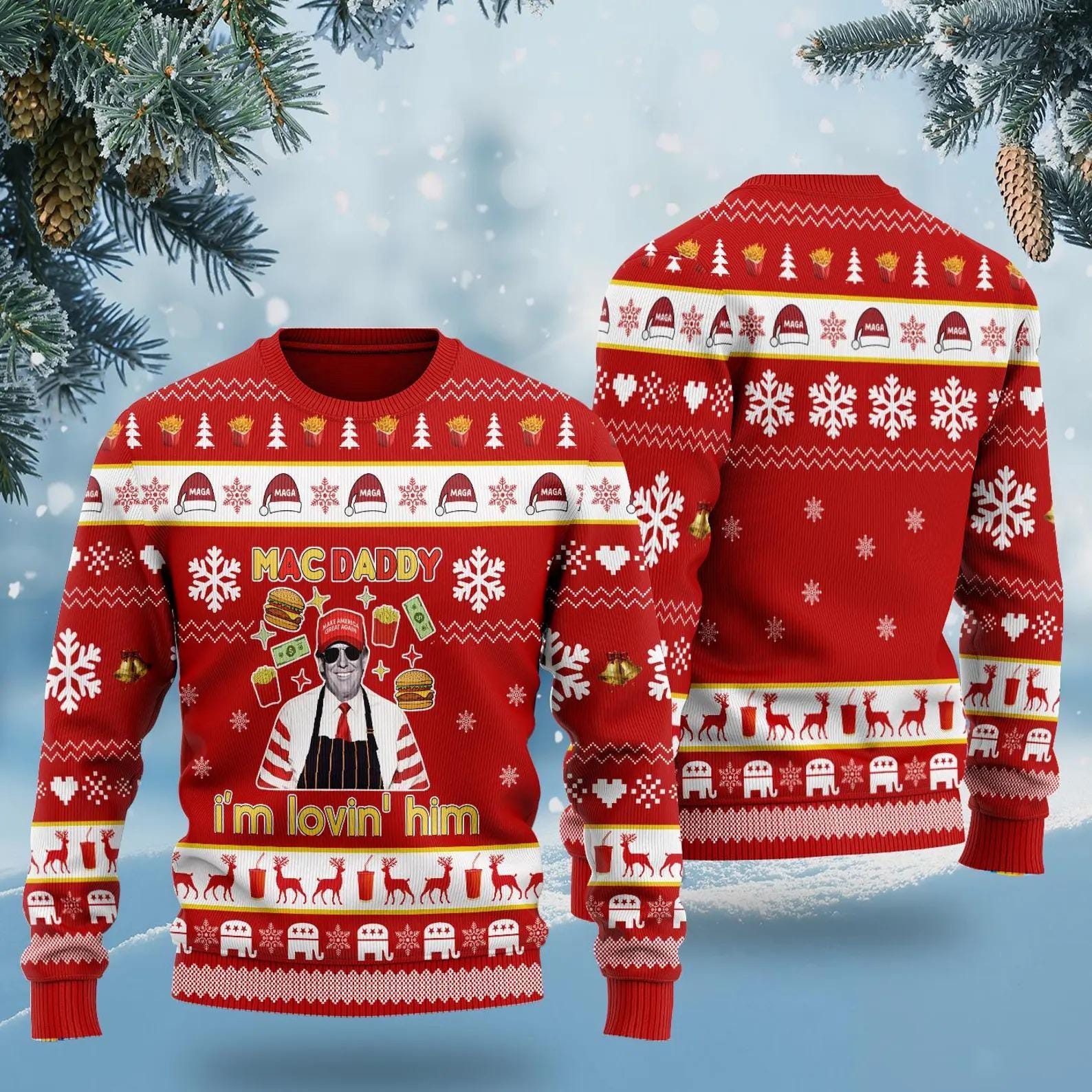 Funny Mac Daddy Ugly Christmas Sweater  Red Wool Holiday Sweater with Cheeseburger Theme  Unique Festive Sweater for Christmas Parties