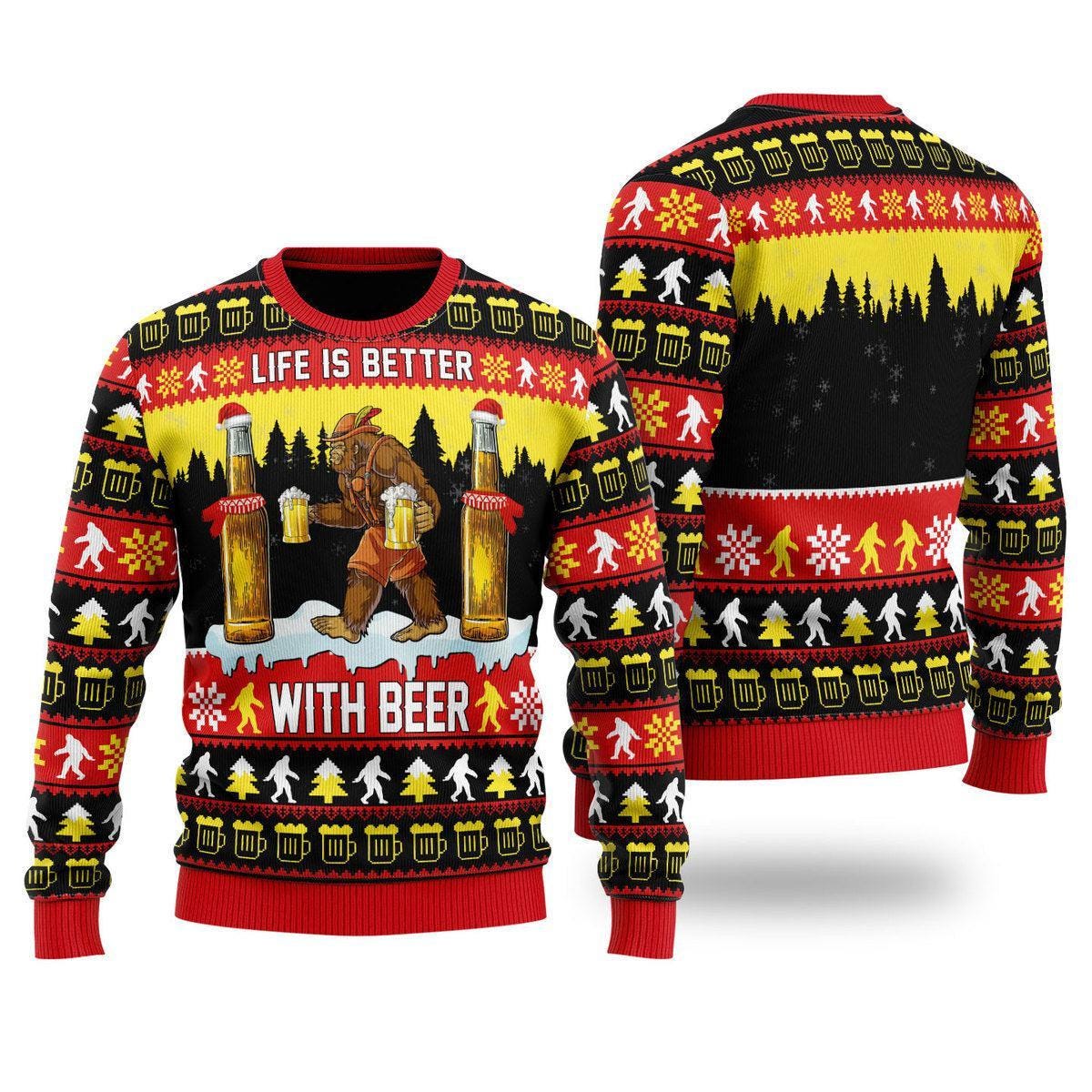 Life Is Better With Beer Ugly Christmas Sweater - Funny Bigfoot Beer Holiday Jumper - Festive Sweater for Beer Lovers