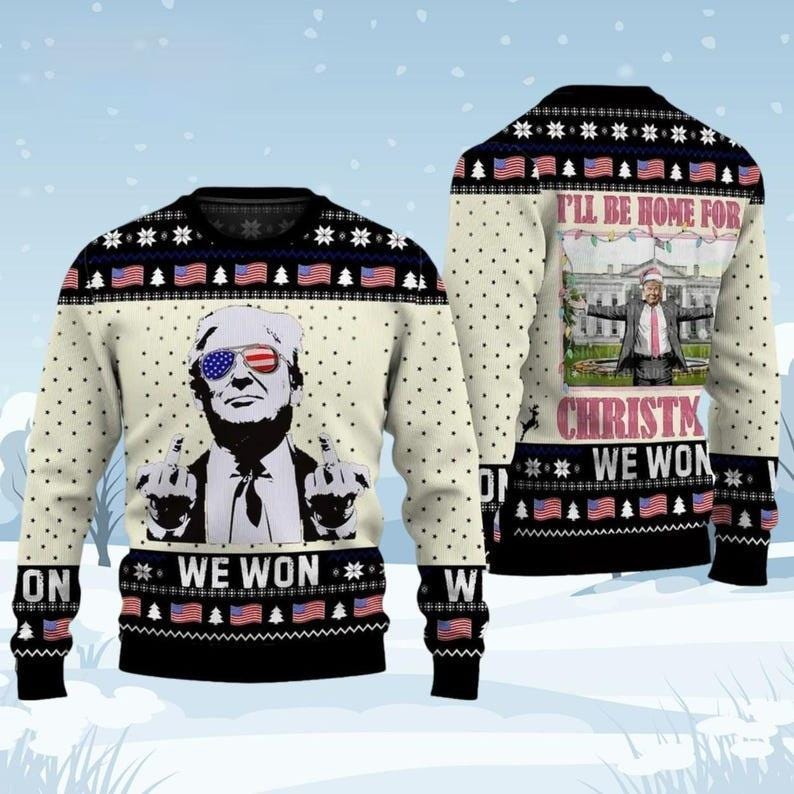 Funny Political Ugly Christmas Sweater - We Won & I'll Be Home for Christmas Holiday Jumper - Patriotic Novelty Xmas Sweater