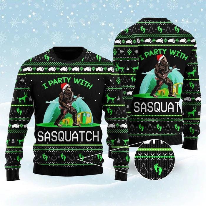 I Party with Sasquatch Ugly Christmas Sweater - Funny Bigfoot Holiday Jumper - Festive Gift for Sasquatch and Bigfoot Fans