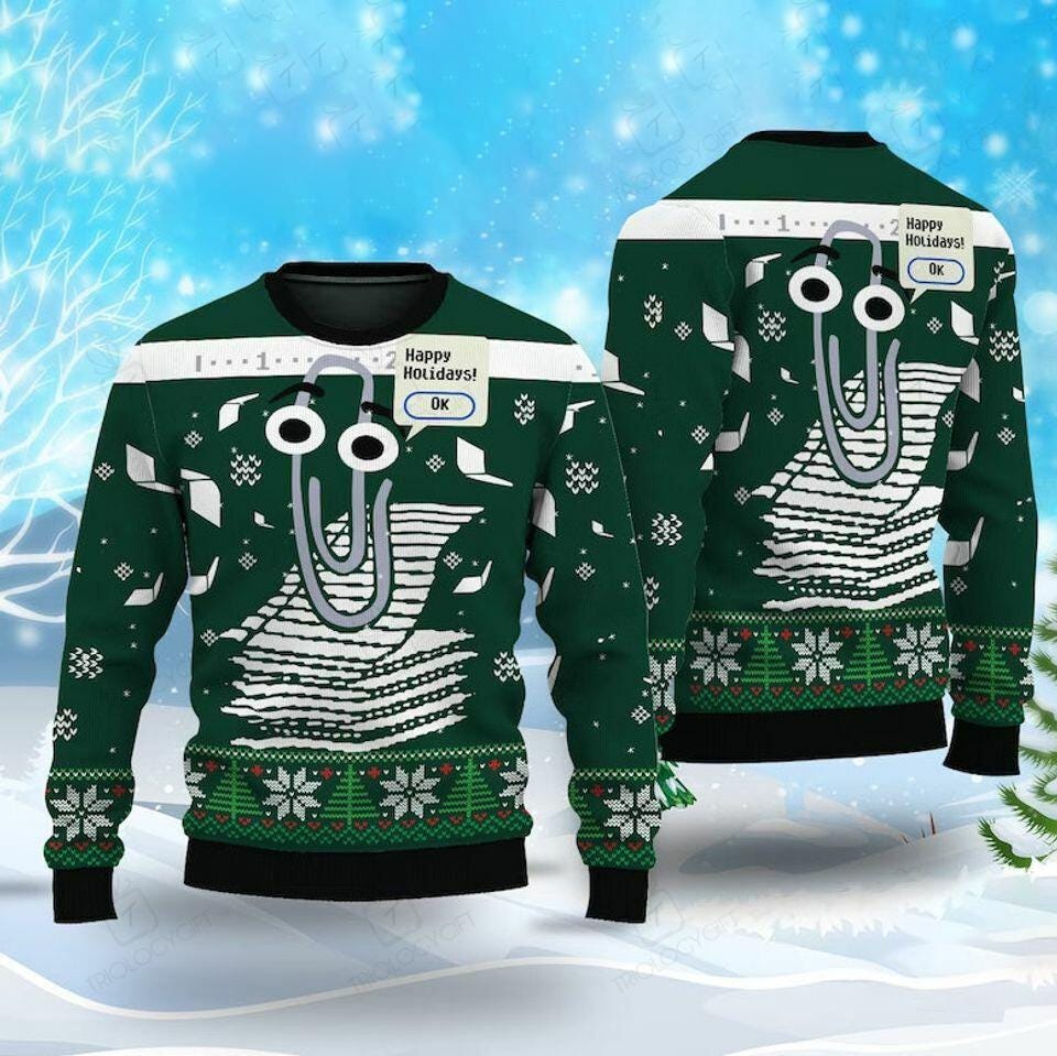 Funny Holiday Sweater with Retro Clip Art Design, Green Ugly Christmas Sweater, Novelty Office-Themed Xmas Party Knitwear
