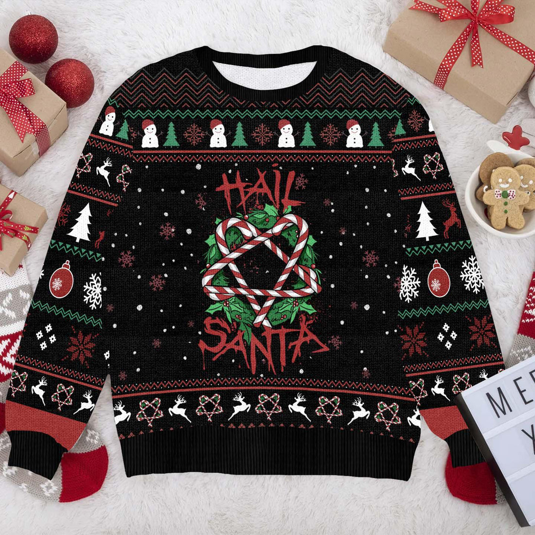 Funny Hail Santa Christmas Sweater - Candy Cane Wreath Ugly Xmas Sweater - Dark Festive Holiday Pullover for Christmas Parties