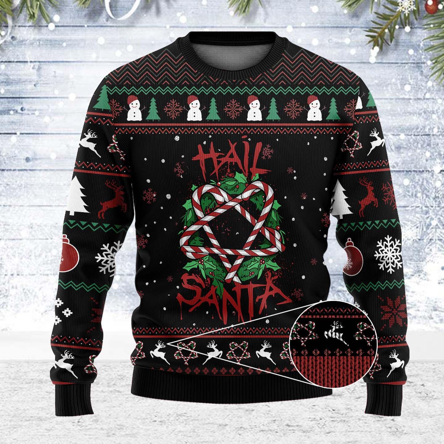 Funny Hail Santa Christmas Sweater - Candy Cane Wreath Ugly Xmas Sweater - Dark Festive Holiday Pullover for Christmas Parties