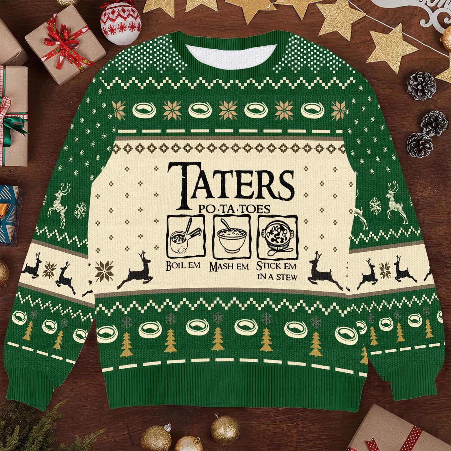 Funny Taters Po-ta-toes Christmas Sweater - Boil 'Em, Mash 'Em, Stick 'Em in a Stew Ugly Xmas Sweater for Fans