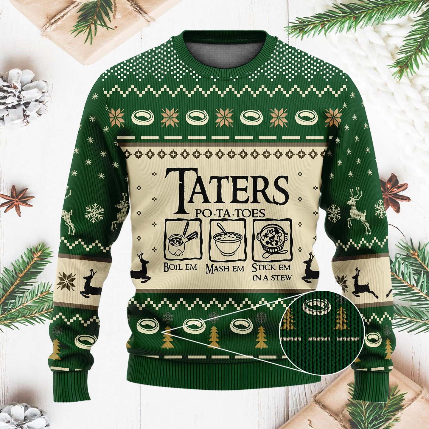 Funny Taters Po-ta-toes Christmas Sweater - Boil 'Em, Mash 'Em, Stick 'Em in a Stew Ugly Xmas Sweater for Fans